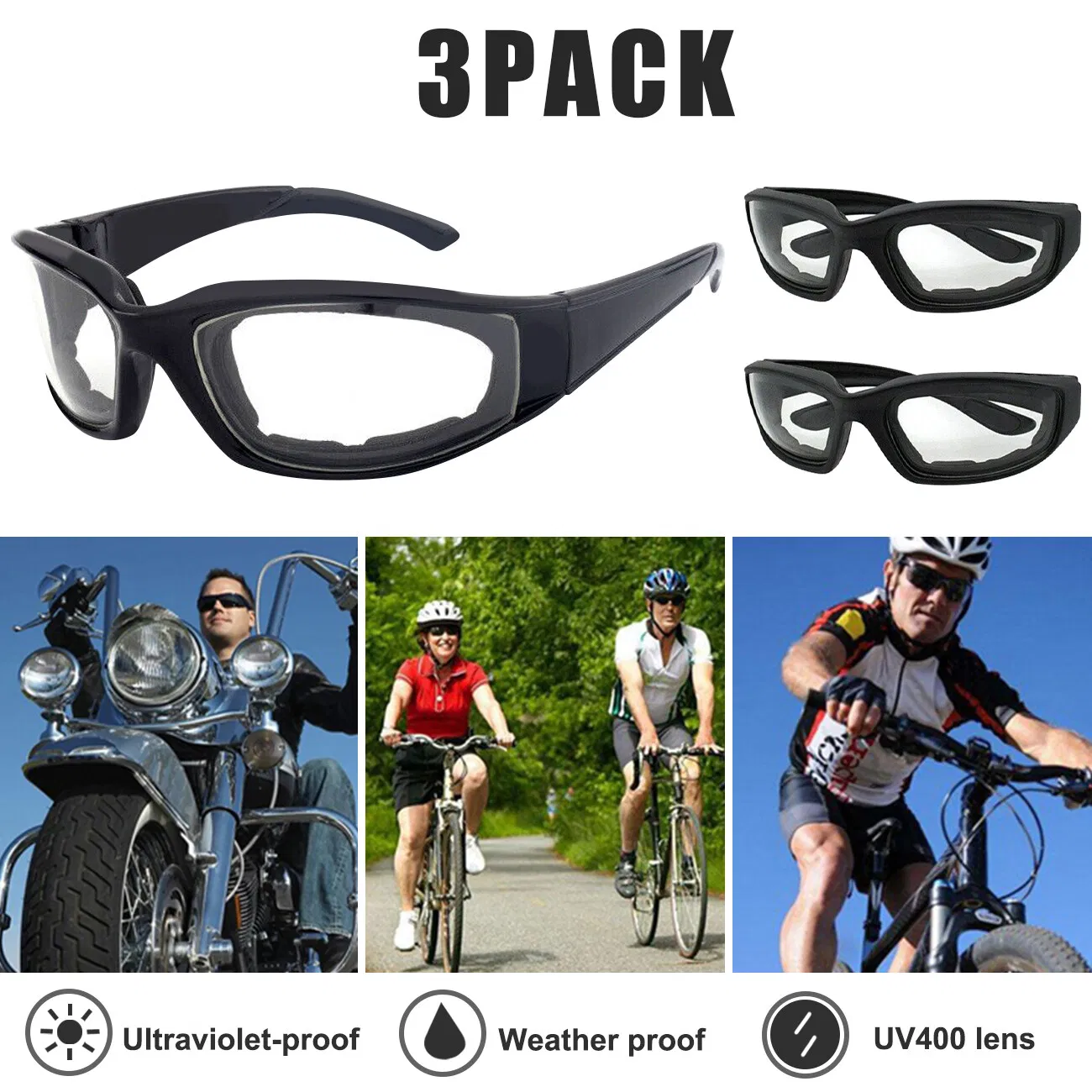 3 pairs Motorcycle Sports Biker Riding Glasses Wind Resistant Eye Protection Clear Sports Goggles Cycling Glasses Sunglasses(Logistics only For USPS.TK/TMEU only For self-pickup) photo 4