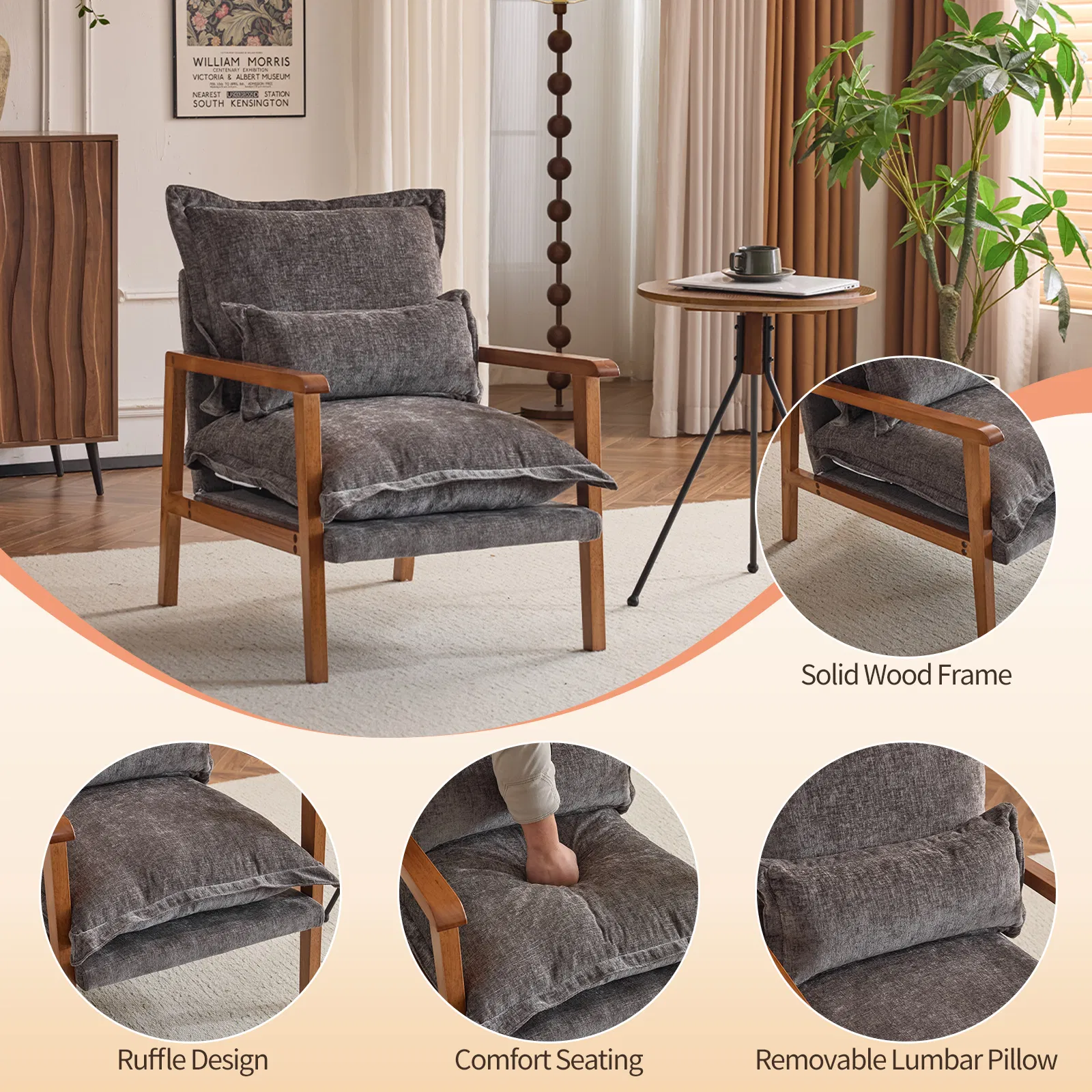 Cloud Shaped Indoor Leisure Chair with Solid Wood Armrest & Solid Wood Frame, Chenille Fabric Accent Chair with Lumbar Pillow, Single Sofa Chair Dark Grey photo 6