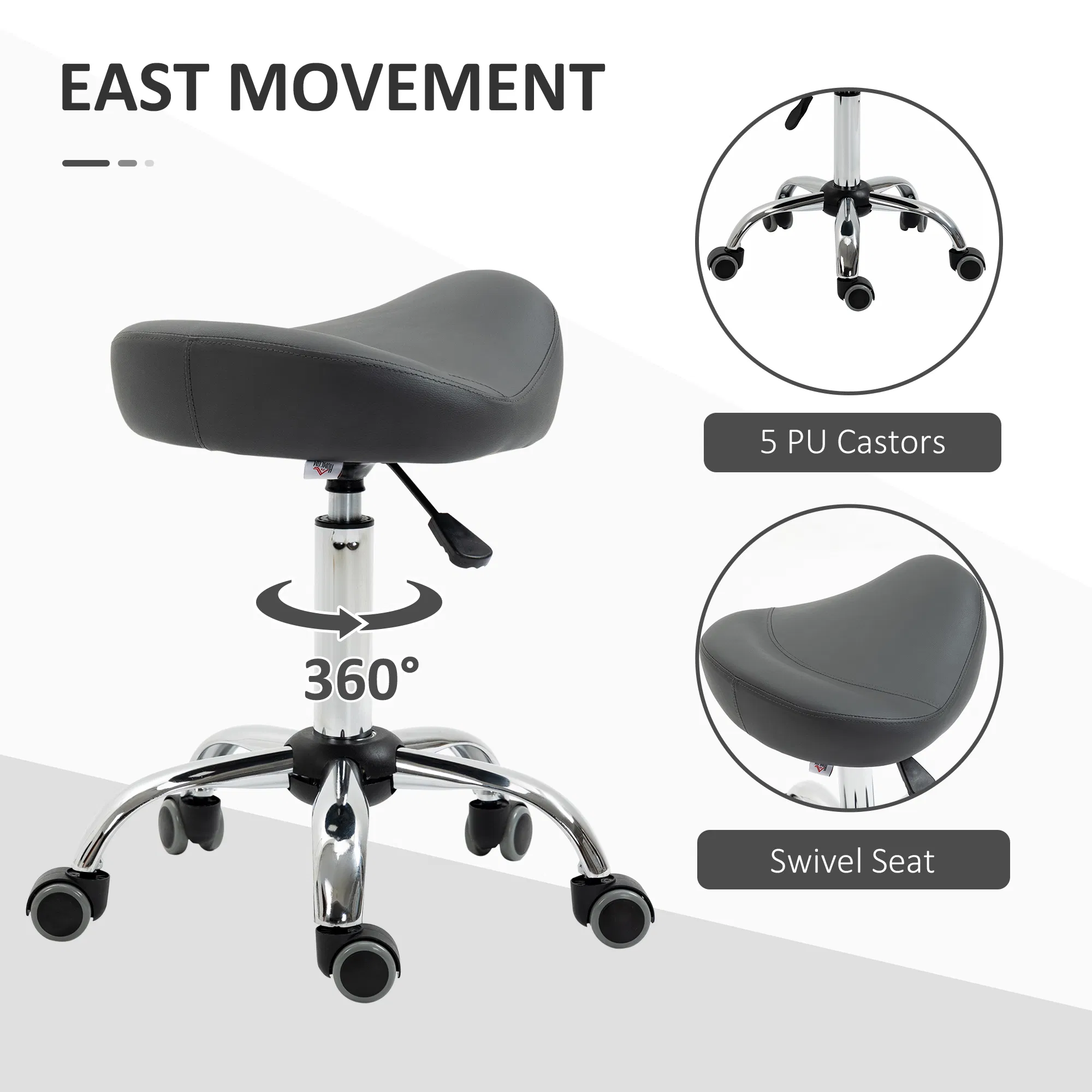 Saddle Stool, Height Adjustable Rolling Salon Chair with PU Leather for Massage, Spa, Clinic, Beauty and Tattoo, Grey photo 5