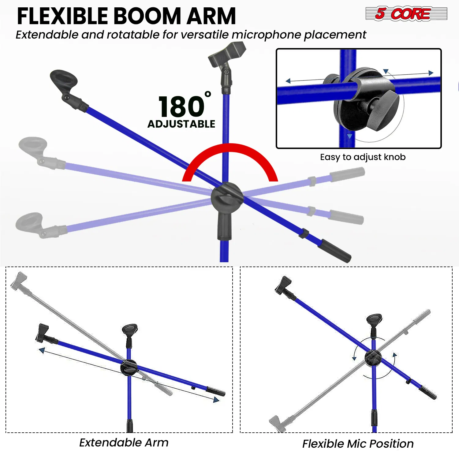 5 Core Mic Stand Floor Height Adjustable Tripod Microphone Stands w Extending Telescoping Boom Arm - MS DBL G photo 8