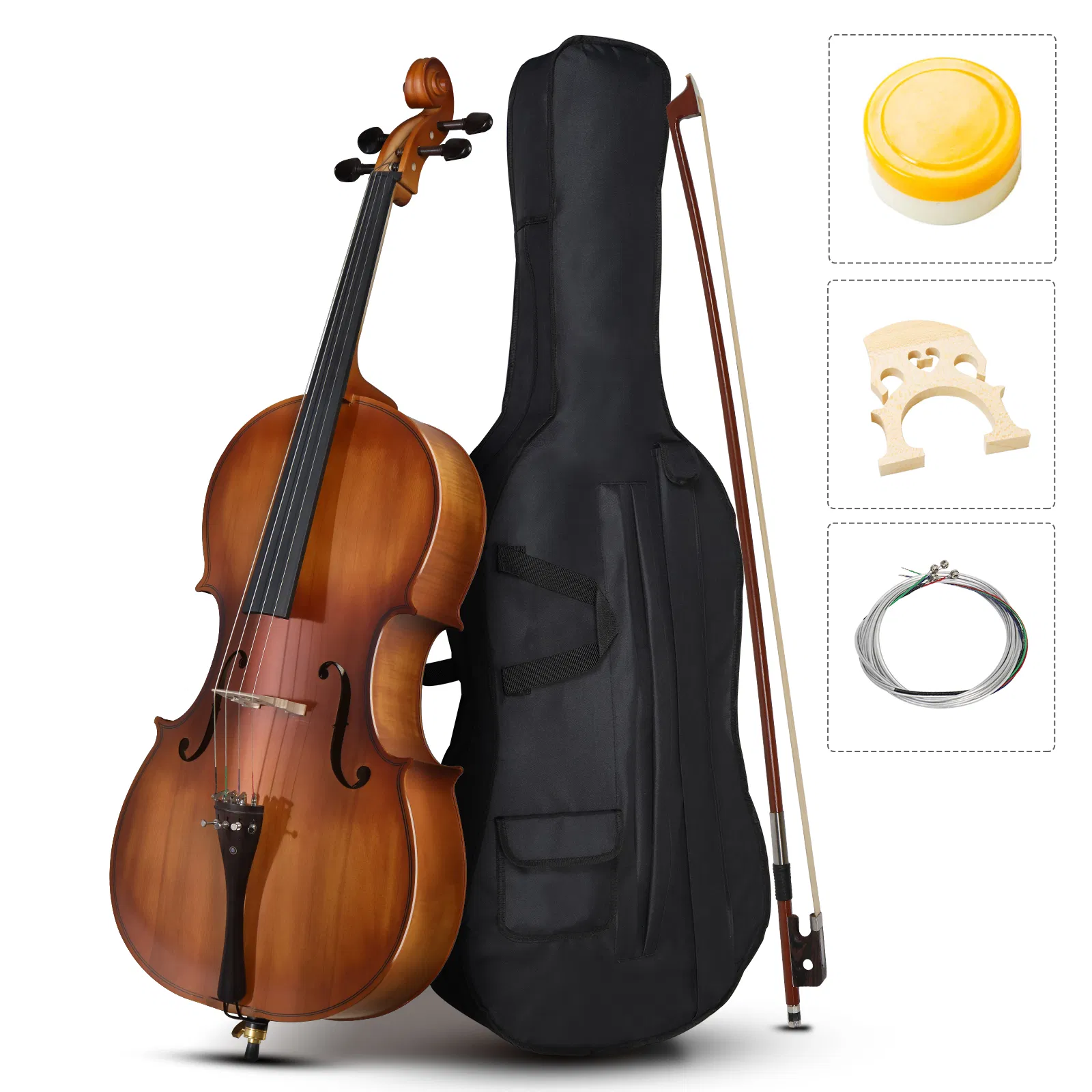 Full Side 4/4 Matte Natural Color Spruce Panel Cello with Bag Bow Rosin Bridge Strings photo 1