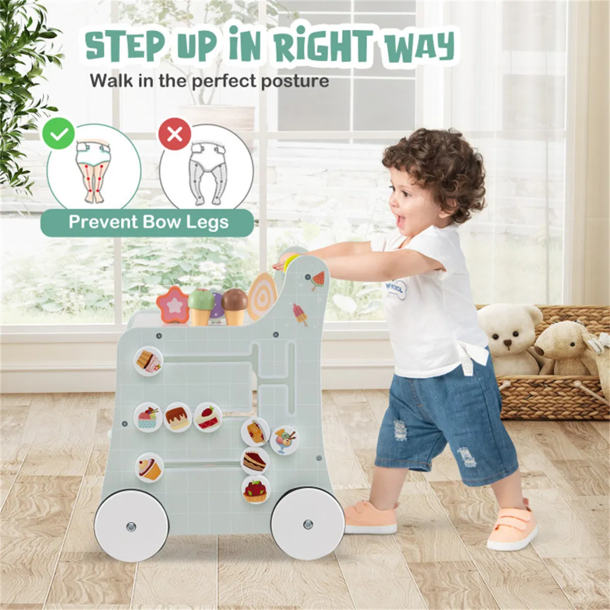 2-in-1 Baby Walker with 8 Fun Activities (Dessert Sorter/Adjustable Clock/Maze) + Side Shop Window (Role Play)-Light Green photo 4