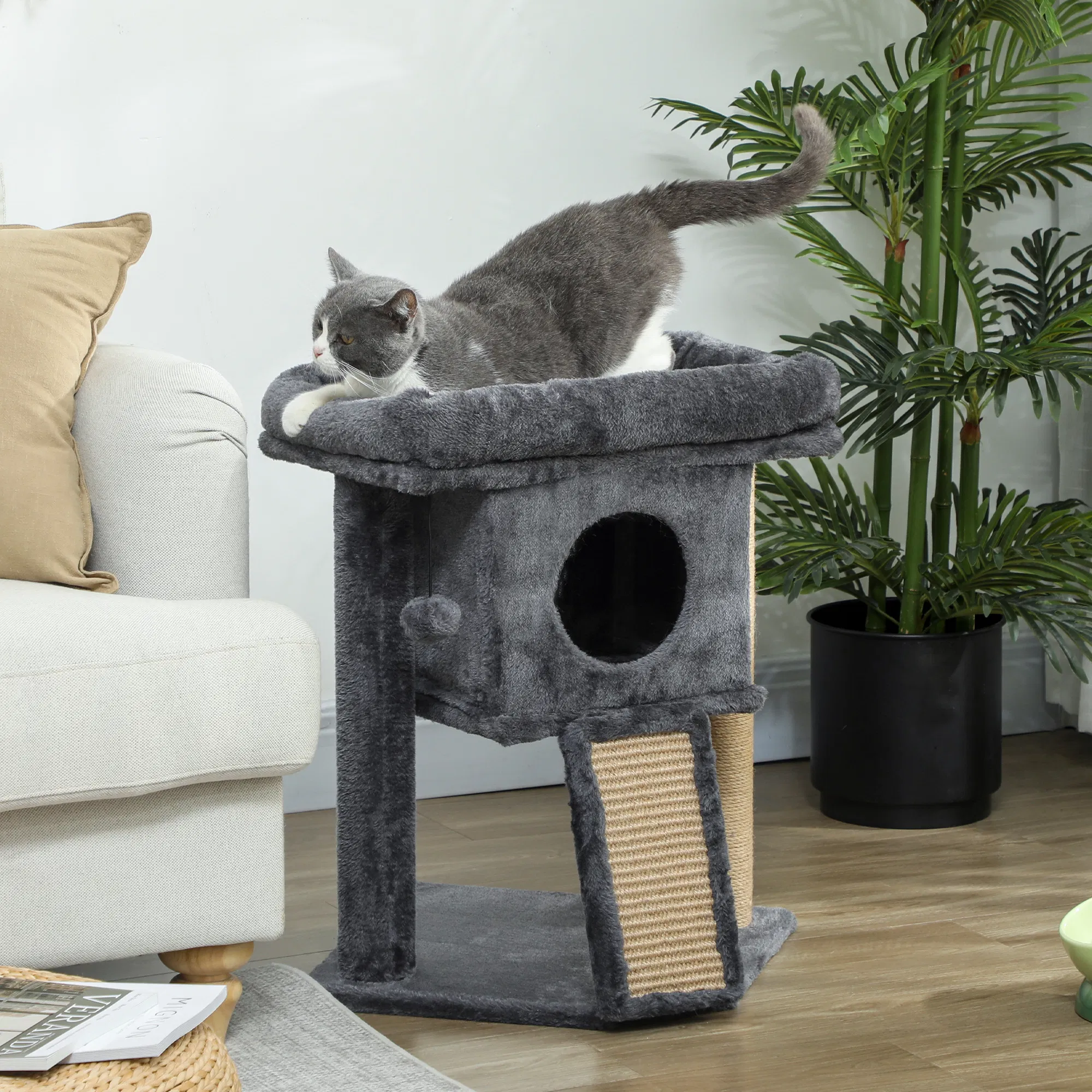 Cat Tree, Small Cat Tower with Perch, Scratching Post, Cat Condo, Toy Ball for Kitty, Indoor Use, Dark Grey photo 5