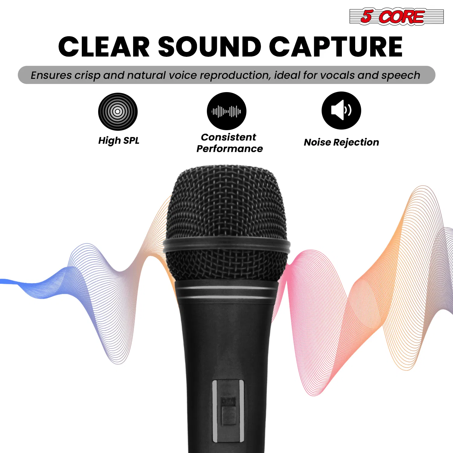 5 CORE Professional Dynamic Vocal Microphone Neodymium Cardioid Unidirectional Handheld Mic for Singing Karaoke Steel Mesh Grille Metal Body With ON Off Switch + 16ft Detachable Cable + Clip + Bag photo 6