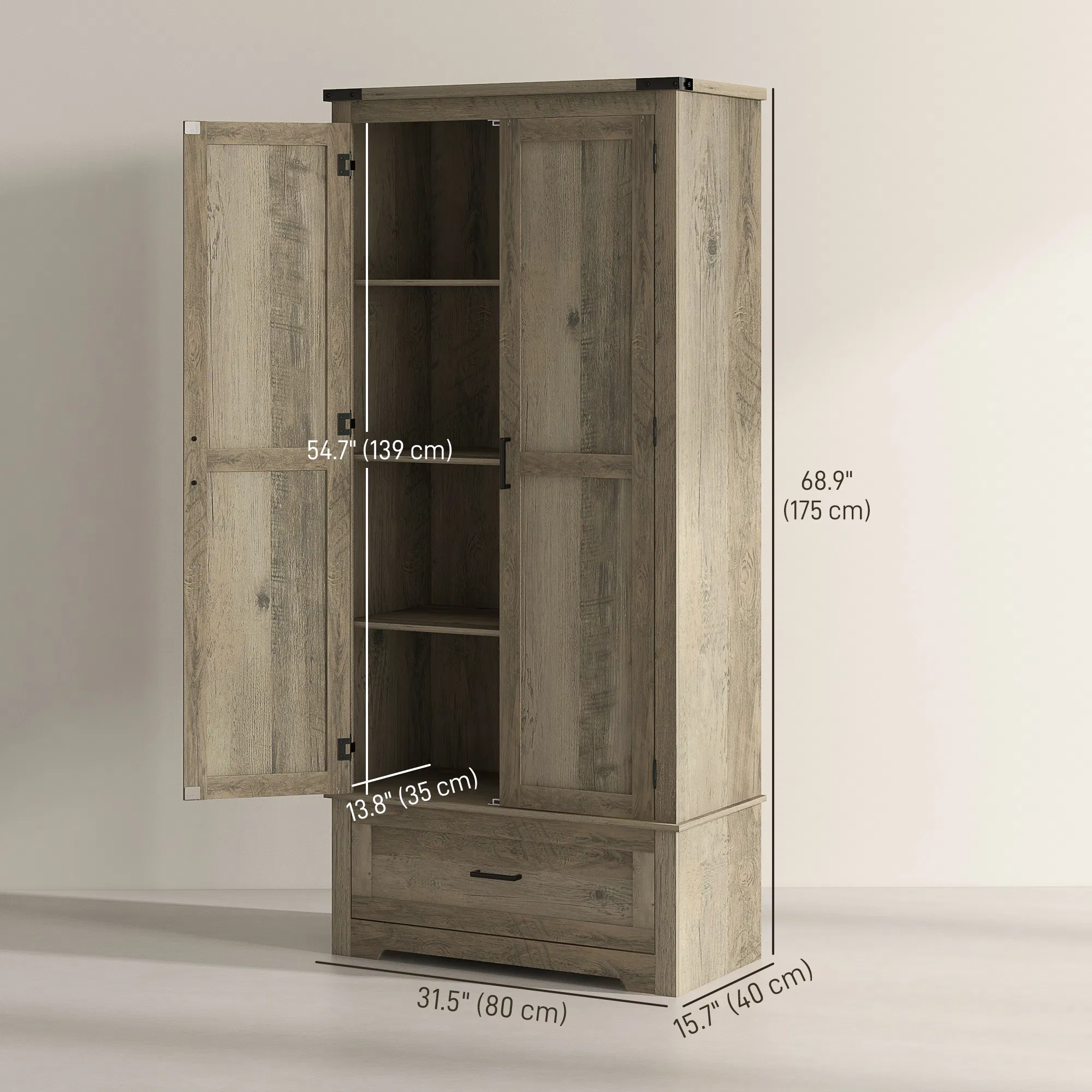 69" Tall Farmhouse Kitchen Pantry Cabinet with 2 Doors, Drawer and Adjustable Shelves, Grey photo 6