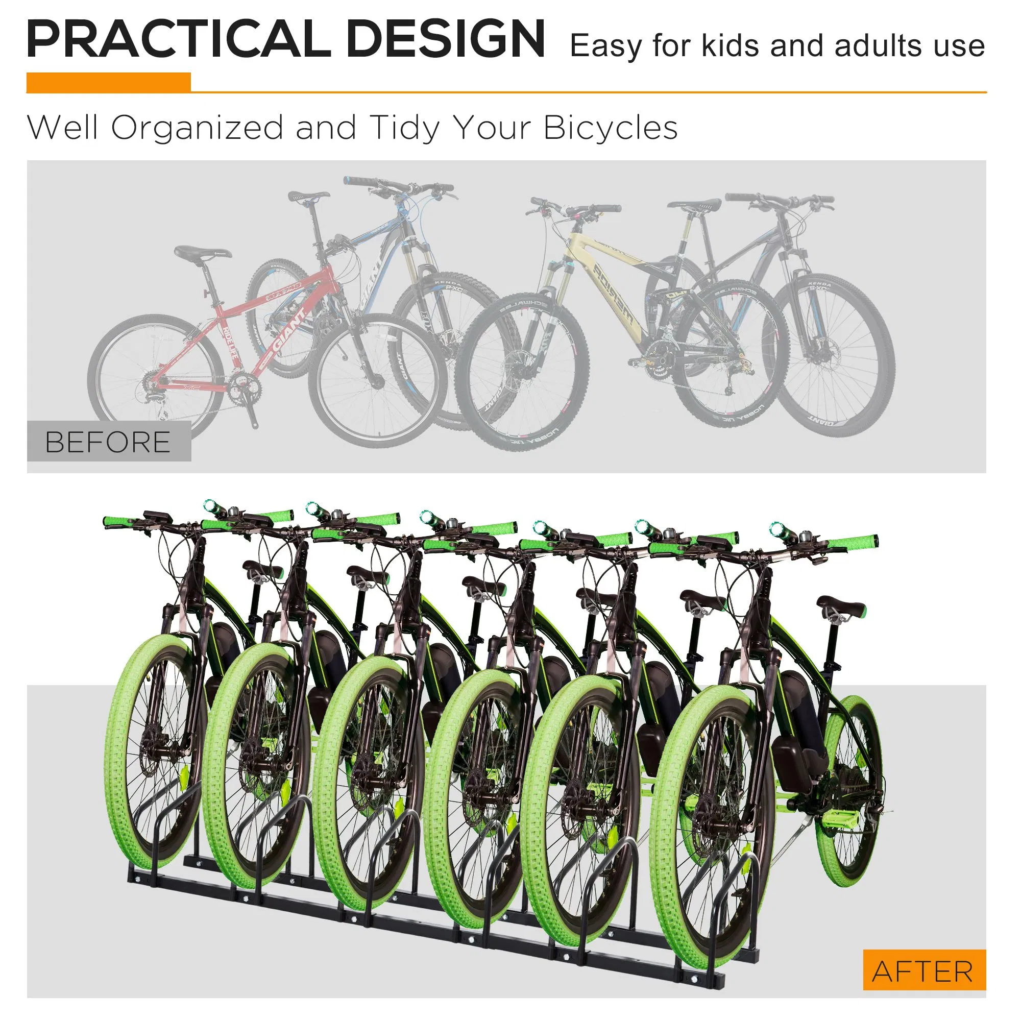 6-Bike Bicycle Floor Parking Rack Cycling Storage Stand Ground Mount Garage Organizer for Indoor and Outdoor Use Black photo 6