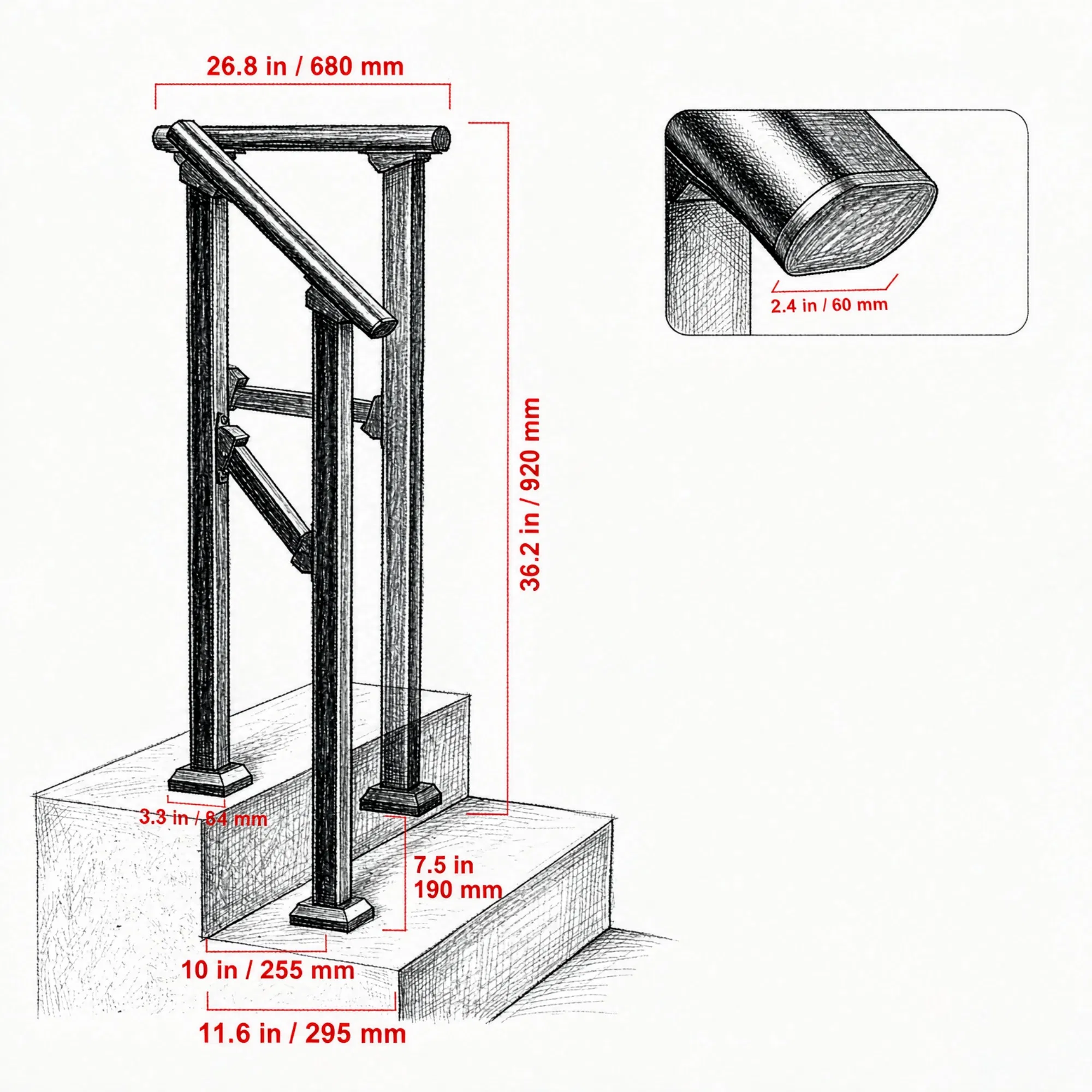 1-2 Step Stair Handrail Kit for Outdoor Steps, Black Square Tube Design, Stair Rails for Seniors, Concrete Steps, Porch & Deck photo 3