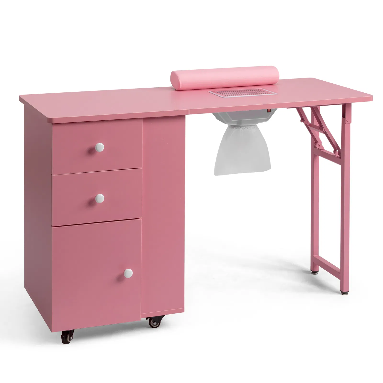 Nail Desk Folding Table, Pink MDF Manicure Station w/ 2 Drawers & 1 Door Cabinet for Nail Art Salon Home Beauty photo 1