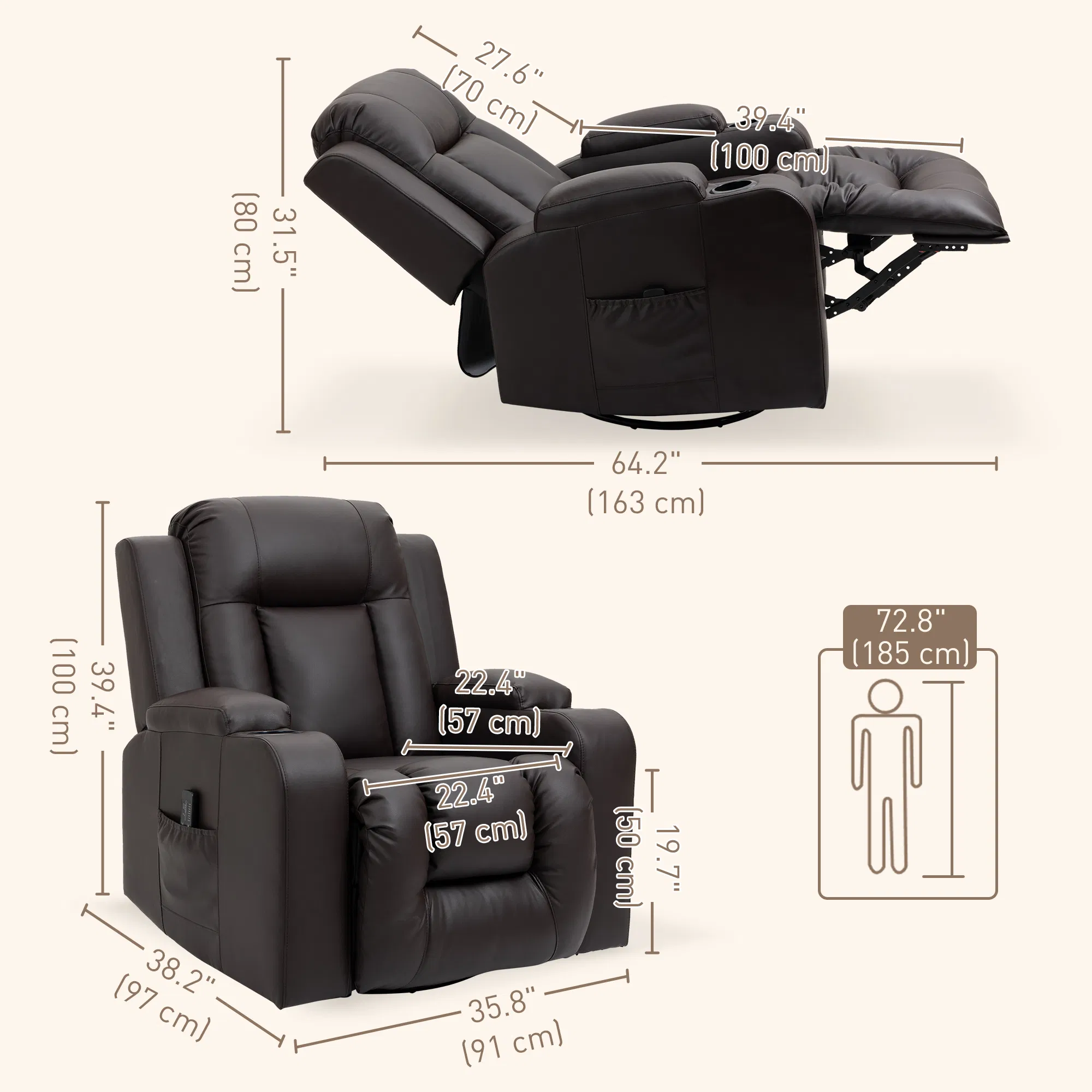 Swivel Massage Recliner Chair Rocker, Overstuffed Manual Reclining Sofa, PU Leather Rocking Chair with Side Pockets, Cup Holders, for Living Room, Nursery, Brown photo 4