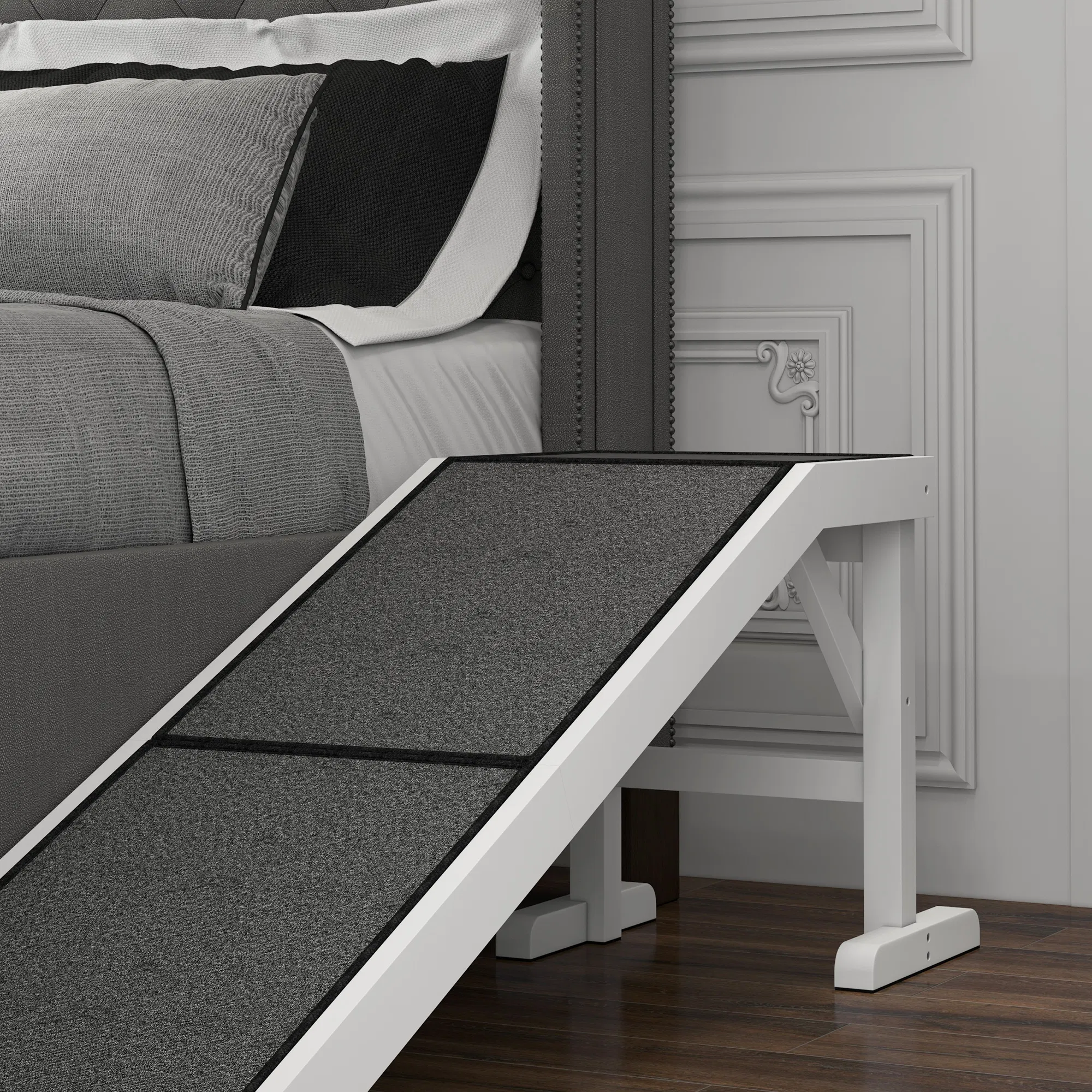 Pet Ramp Bed Steps for Dogs Cats Non-slip Carpet Top Platform Pine Wood 59"L x 16"W x 20"H White photo 4