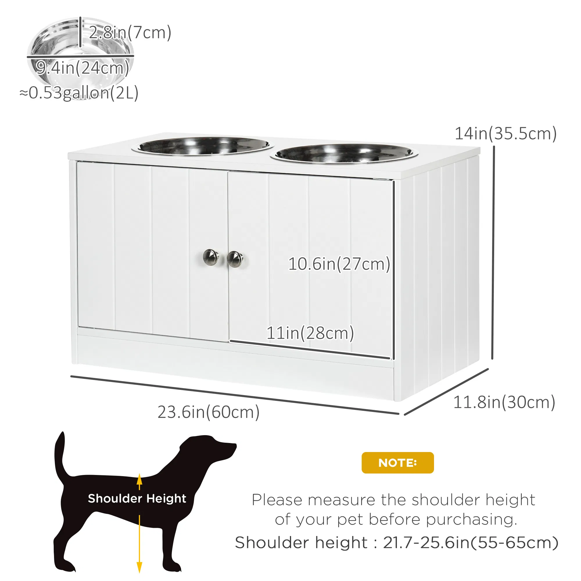 Elevated Dog Bowls for Large Dogs Pet Feeding Station with Stand, Storage, 2 Stainless Steel Food and Water Bowls, White, 23.6" x 11.8" x 14" photo 4