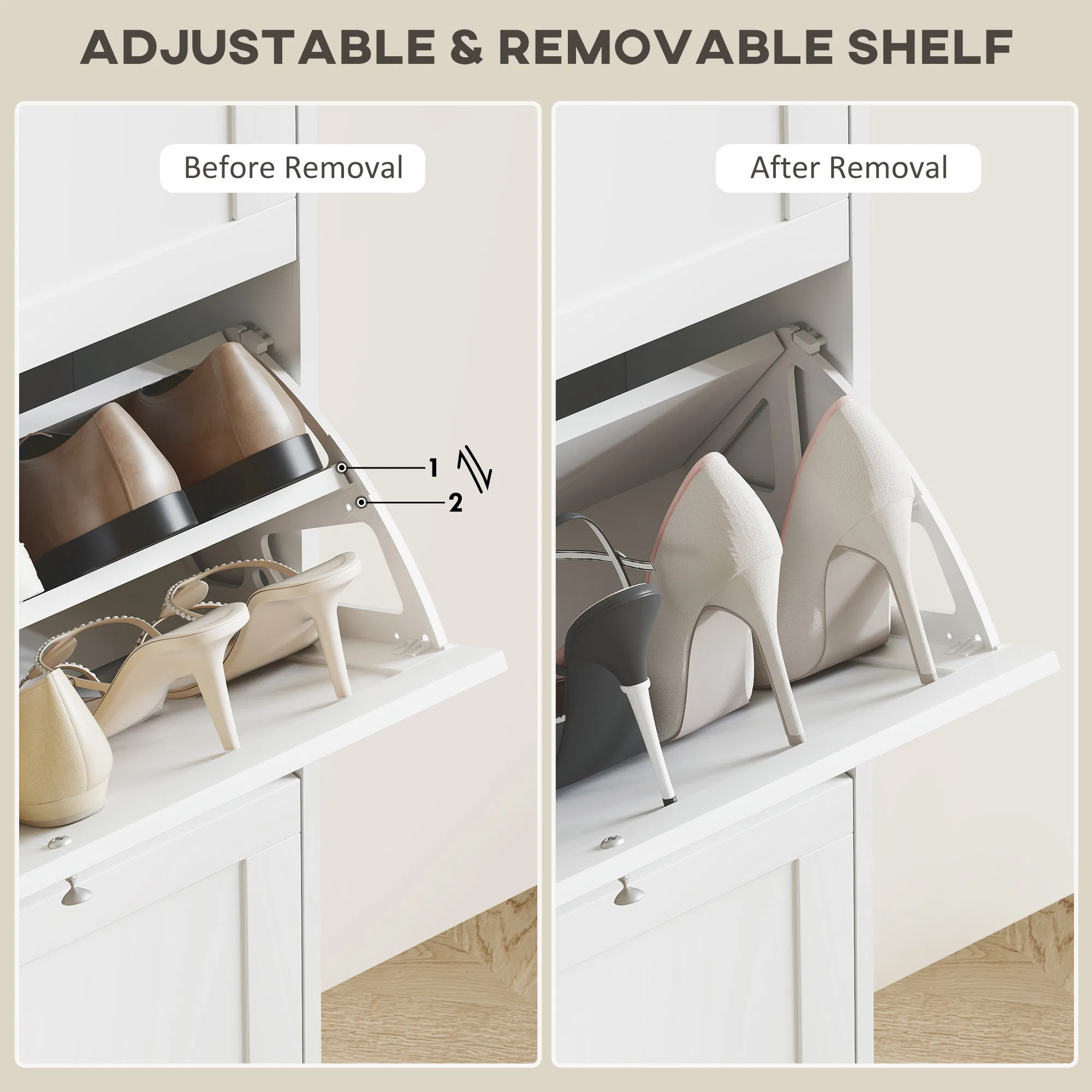 Modern Shoe Storage with 3 Flip Drawers and Adjustable Shelves, Shoe Cabinet Organizer for 18 Pairs of Shoes, White photo 6