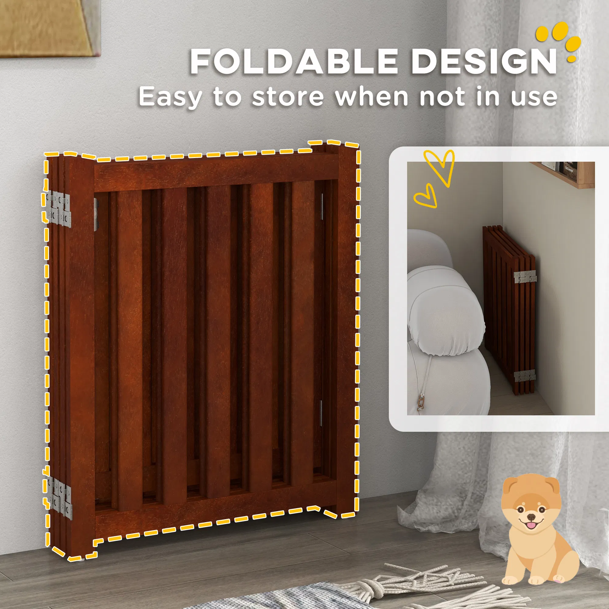 Foldable Dog Gate with Door, 4 Panels Fressstanding Pet Gate, Brown photo 4