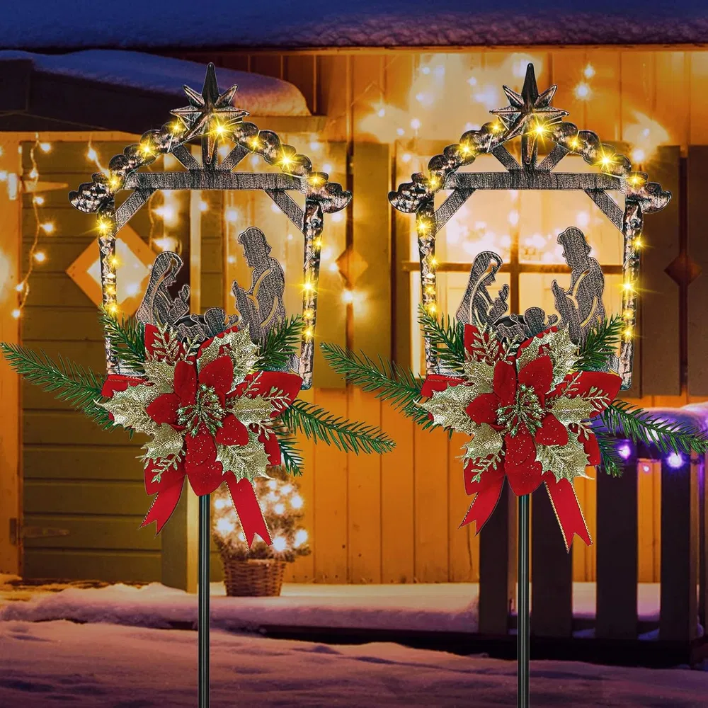 2 Pcs Nativity Scene Outdoor Yard Stakes Metal Christmas Light Decorations LED Christmas Decorations Nativity Scene Outdoor Solar Outdoor Lighted Nativity Scene for Pathway Garden Lawn (Classic) photo 8