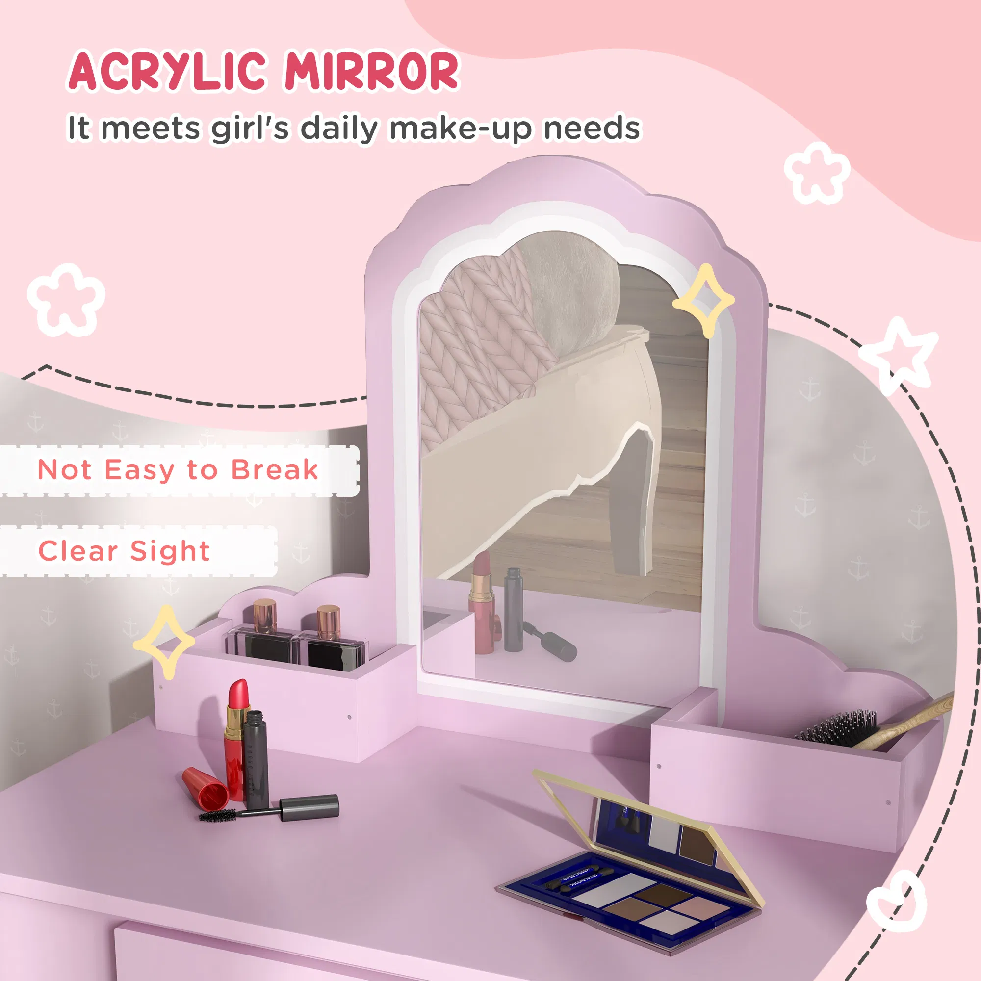 Makeup Vanity with Mirror and Stool, Cloud Design, Drawer, Storage Boxes, for 3-6 Years Old, Pink photo 6