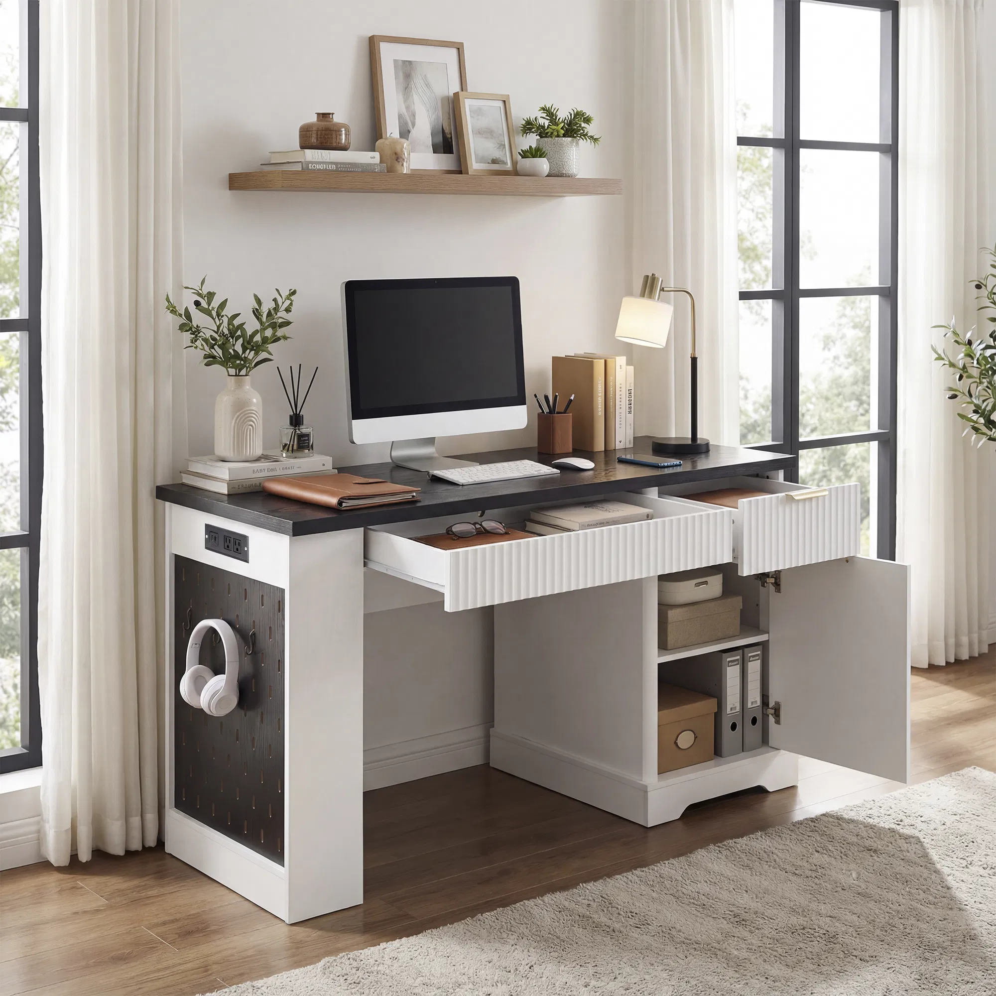 55" Modern Fluted Office Desk with Storage Cabinet & Drawers, Computer Writing Desk with Power Outlet, Pegboard, Built-in Shelves and Keyboard Tray for Study, Living Room, Home Office, White photo 7