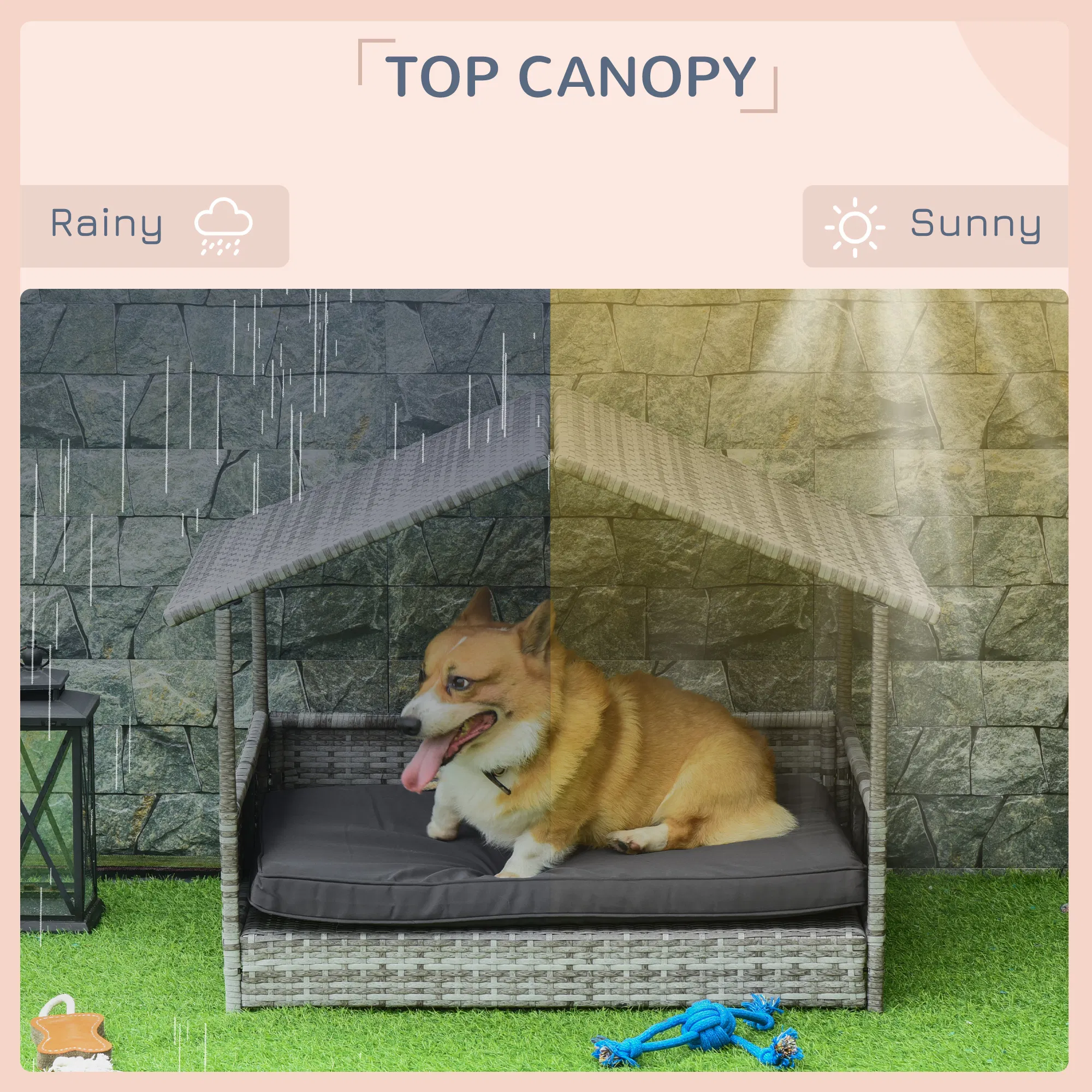 Wicker Pet House Dog Bed for Indoor/Outdoor Rattan Furniture with Cushion photo 5