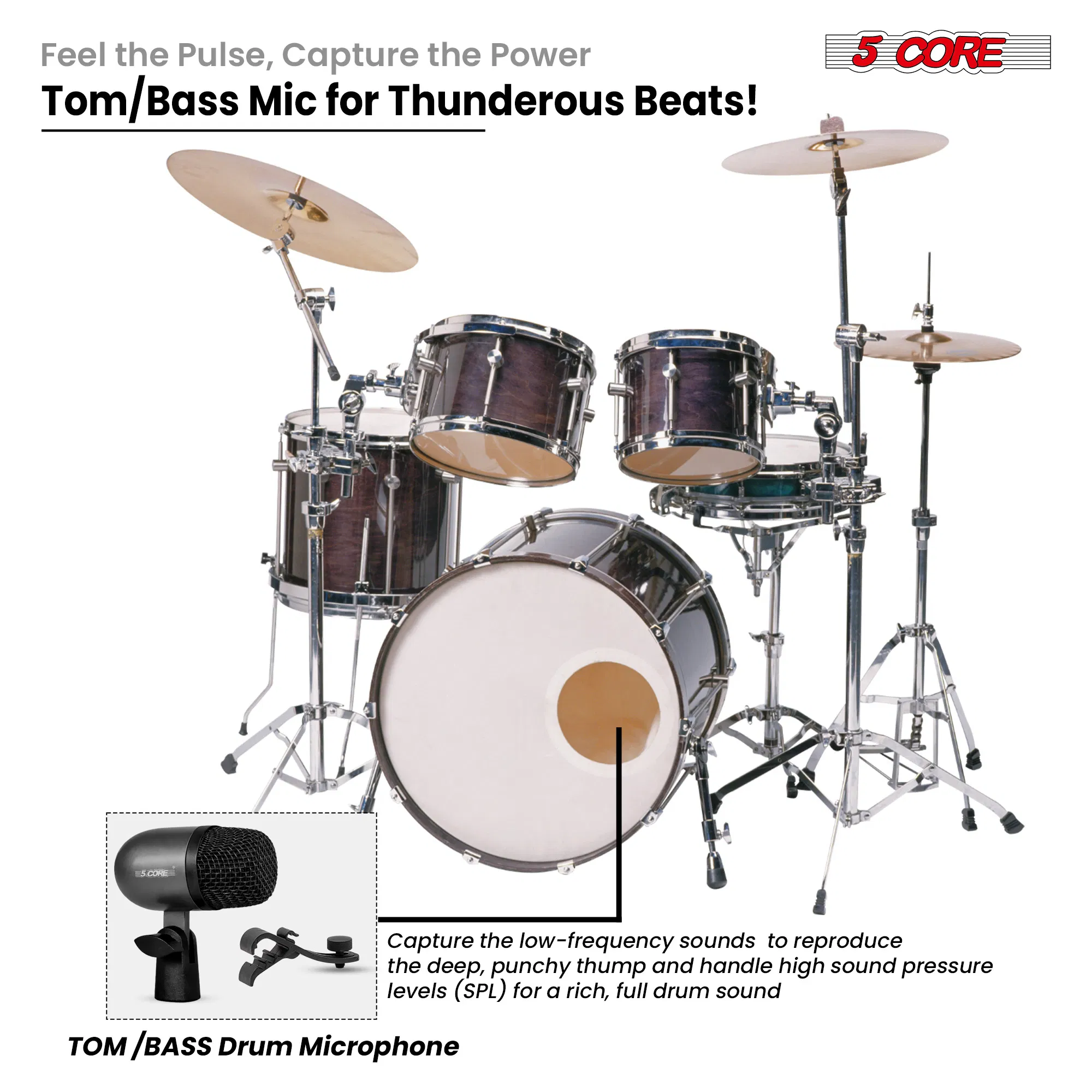 5 Core Drum Mic High Sensitivity Snare Tom Instrument Microphone with Dynamic Moving Coil Uni-Directional Pick Up Pattern Swivel Mount Durable Steel Mesh Grille photo 3