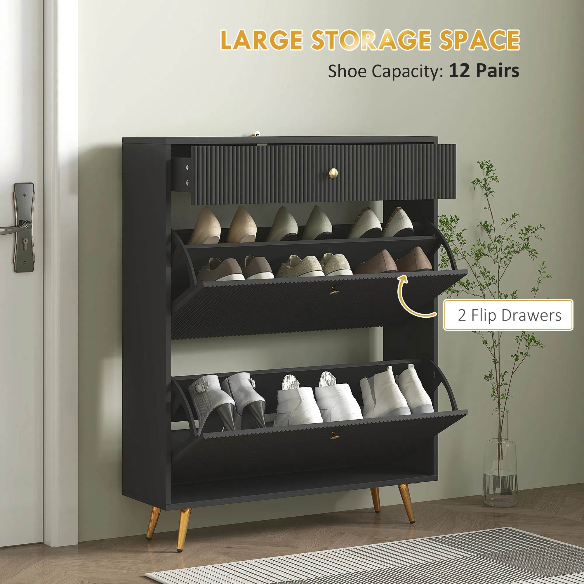 Narrow Shoe Storage Cabinet with Wave-like Panels and Adjustable Shelves for 12 Pairs of Shoes, Black photo 4