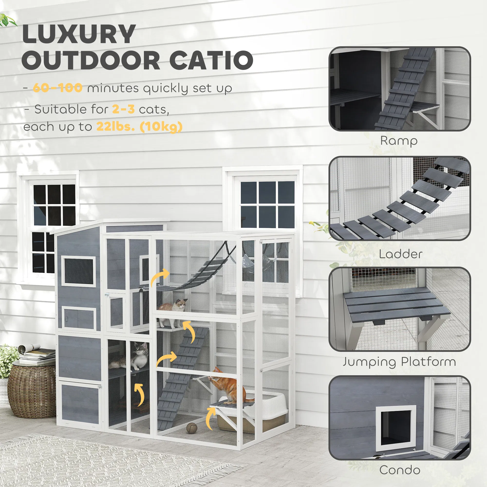 76" Catio Outdoor Cat Enclosure with Cat Condo, Jumping Platforms, Ladder, Ramps, Hammock for 2-3 Indoor Cats, Grey photo 5