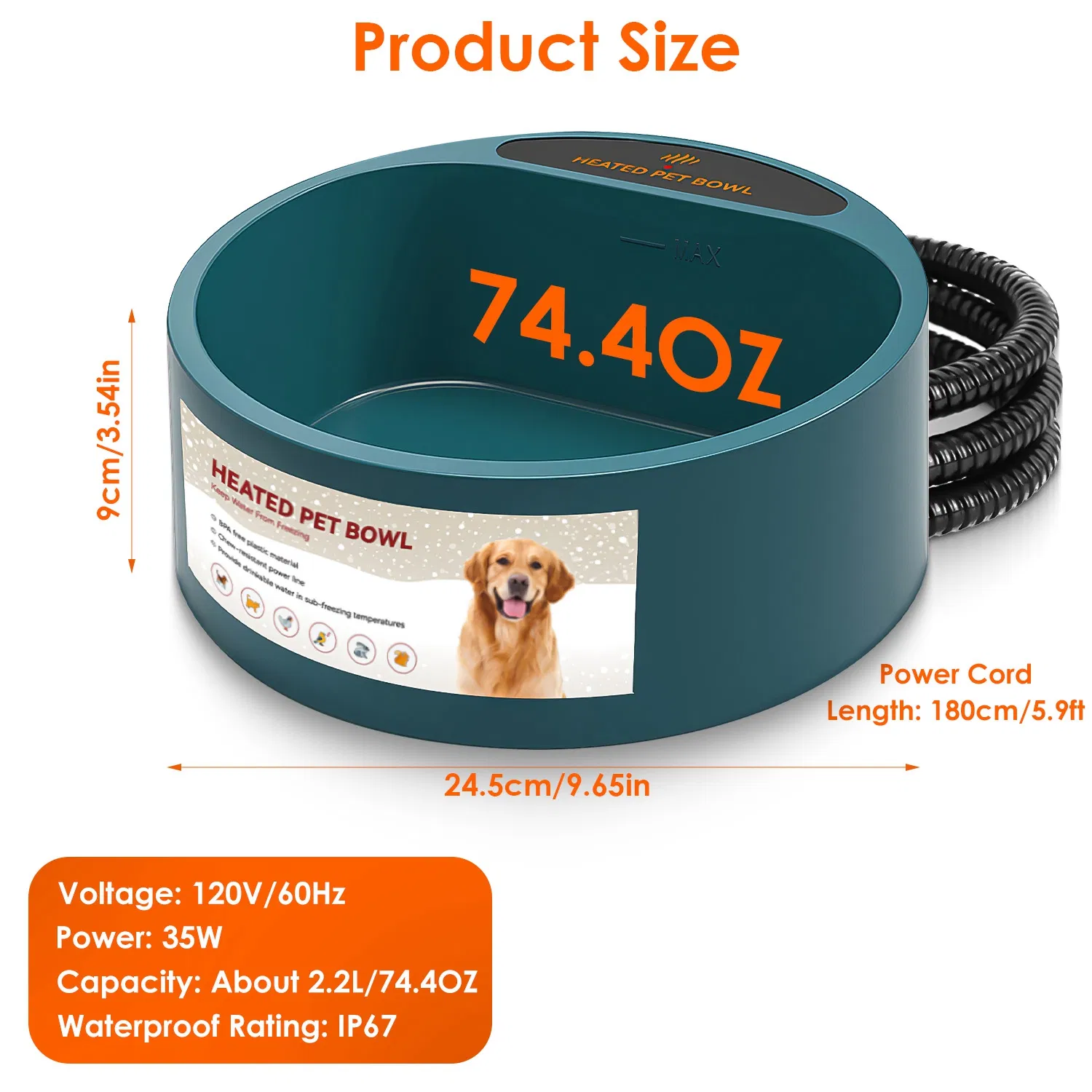 Heated Water Bowl for Dog Cat 74.4OZ Heating Water Dish IP67 Waterproof Thermal Water Bowl Heated Pet Bowl Dog Cat Water Feeder Bowl for Dog Cat Rabbit Pet photo 4
