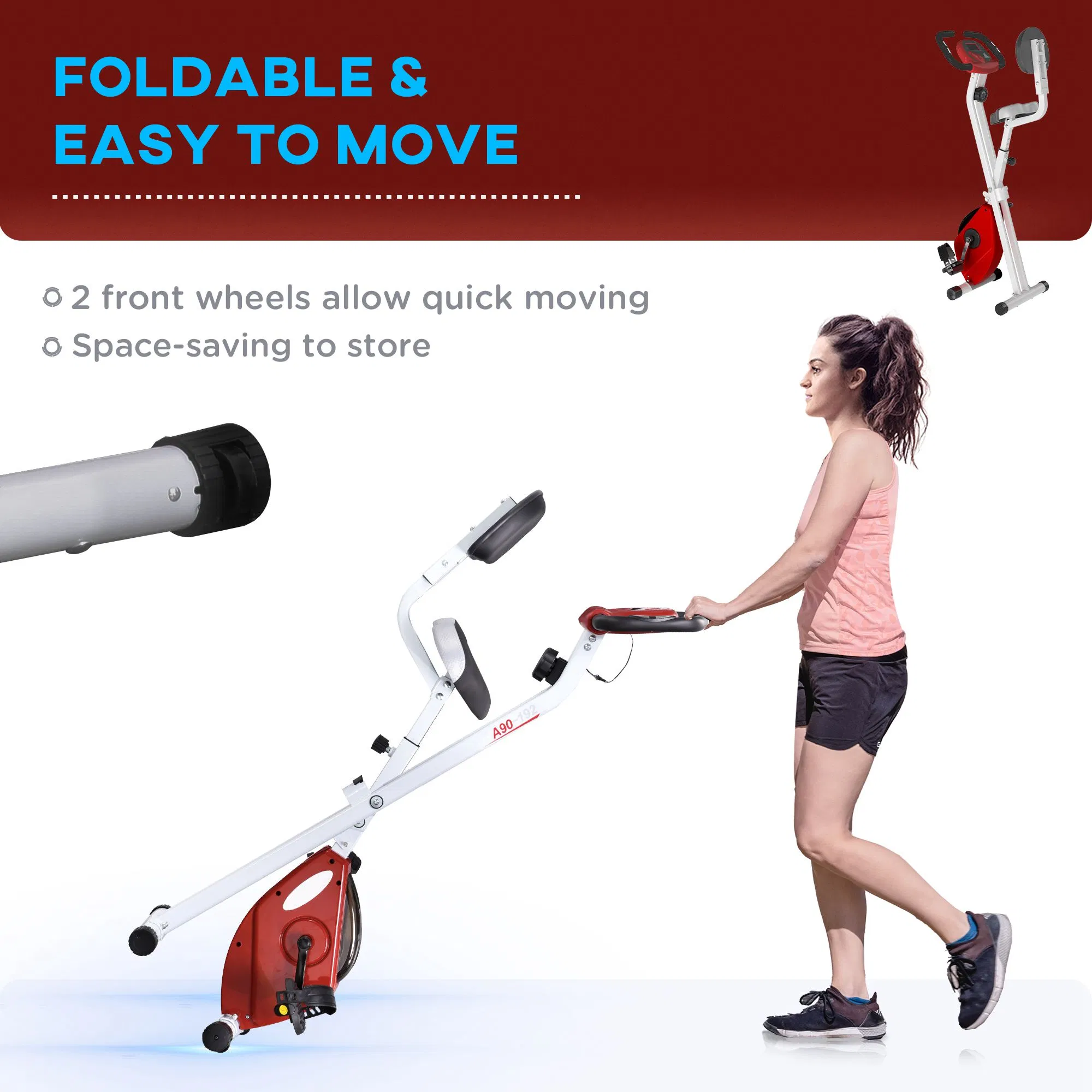Foldable Indoor Stationary Bike with 8 Levels of Magnetic Resistance, Exercise Bike for Cardio Workout, Red photo 6