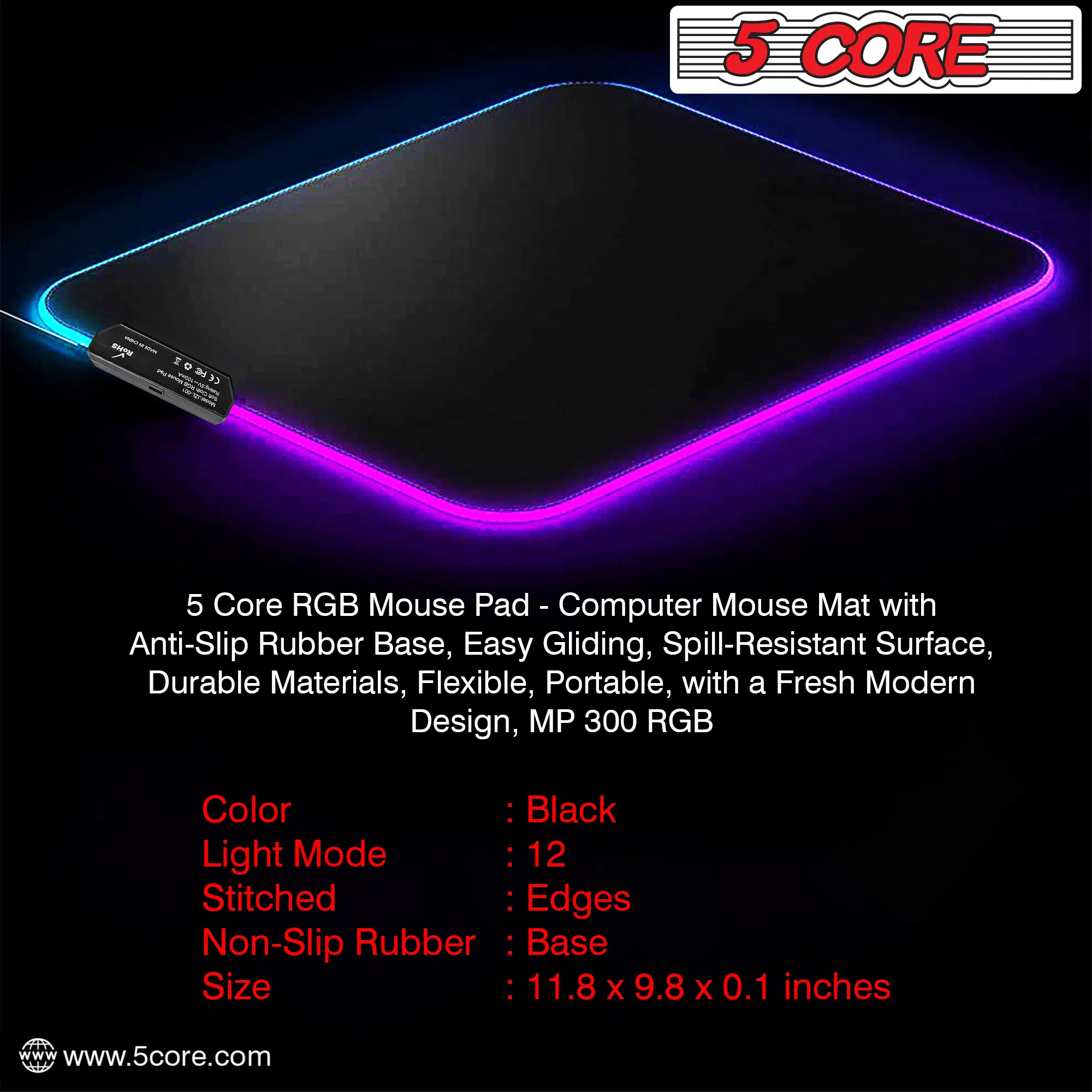 5Core Gaming Mouse Pad RGB 12 Light Modes 2 Zone Desk Mouse Mat w Rubber Base photo 2