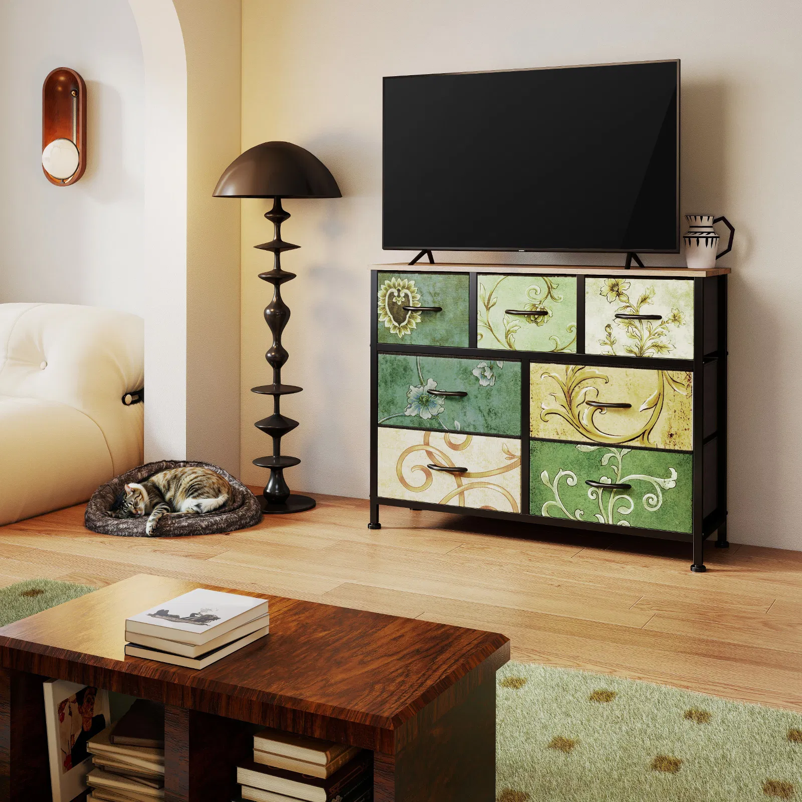 Dresser, Bedside table with a movable fabric box, sturdy steel-framed wooden top organizer furniture photo 2