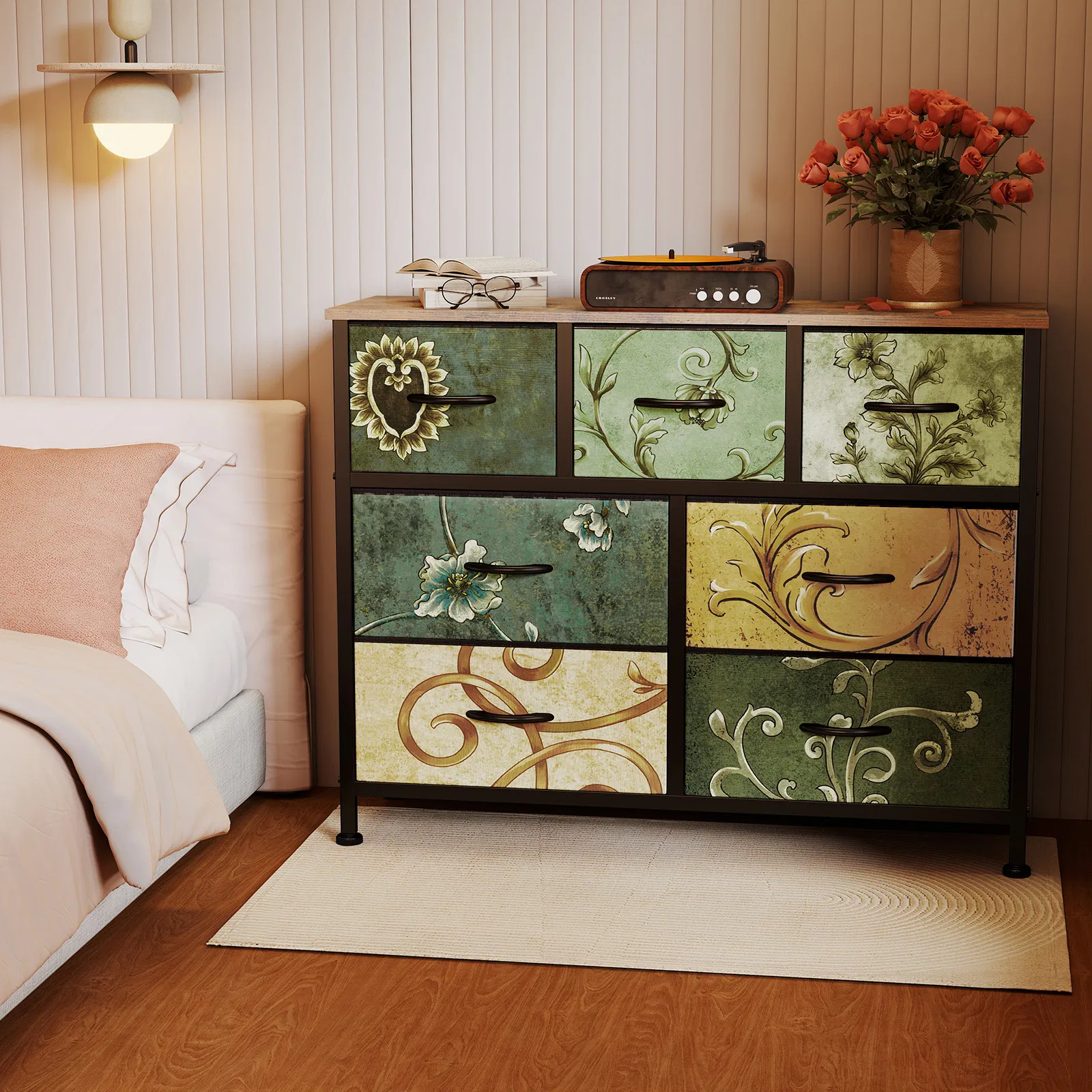 Dresser, Bedside table with a movable fabric box, sturdy steel-framed wooden top organizer furniture photo 4