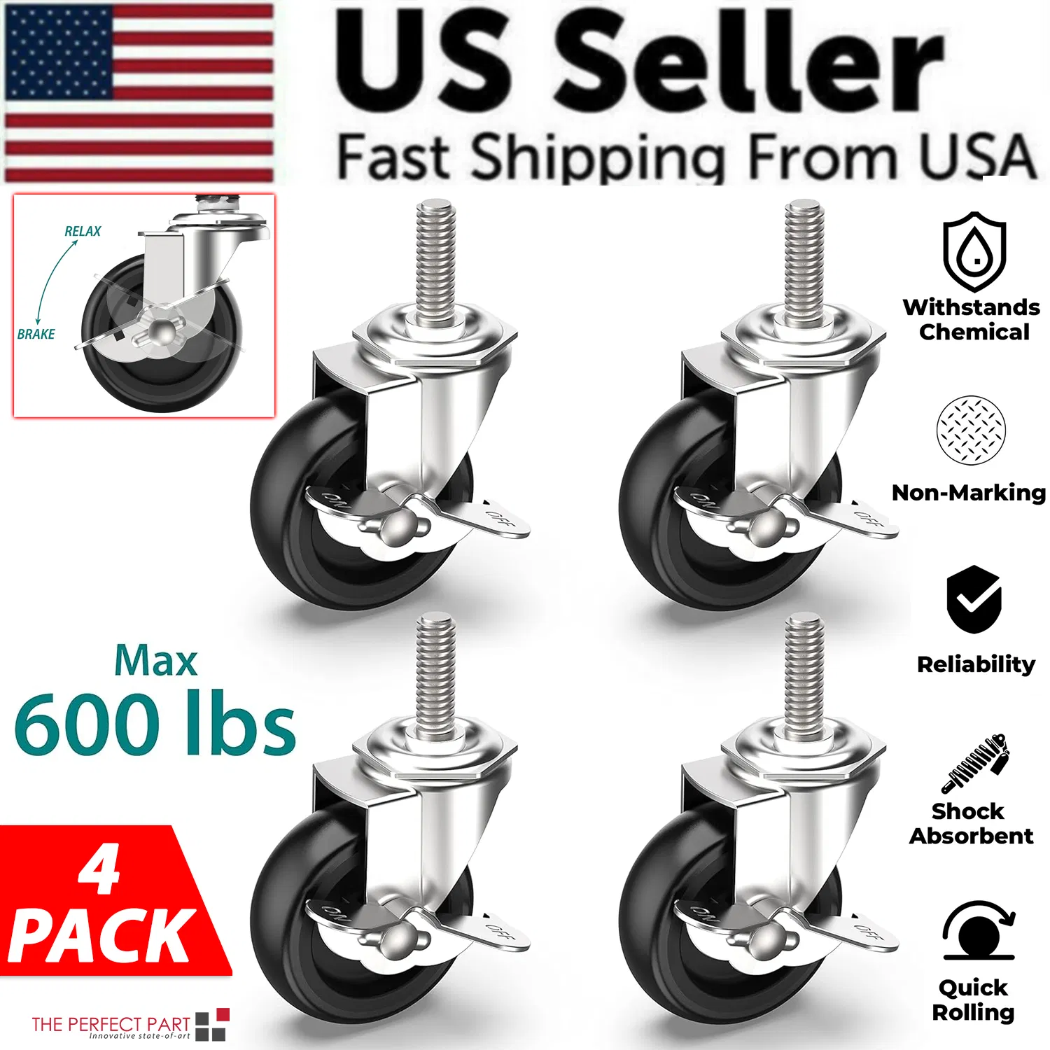 4x 3 Inch Rubber Casters Heavy Duty Safety Brake Wheels For Wire Shelving Rack photo 1