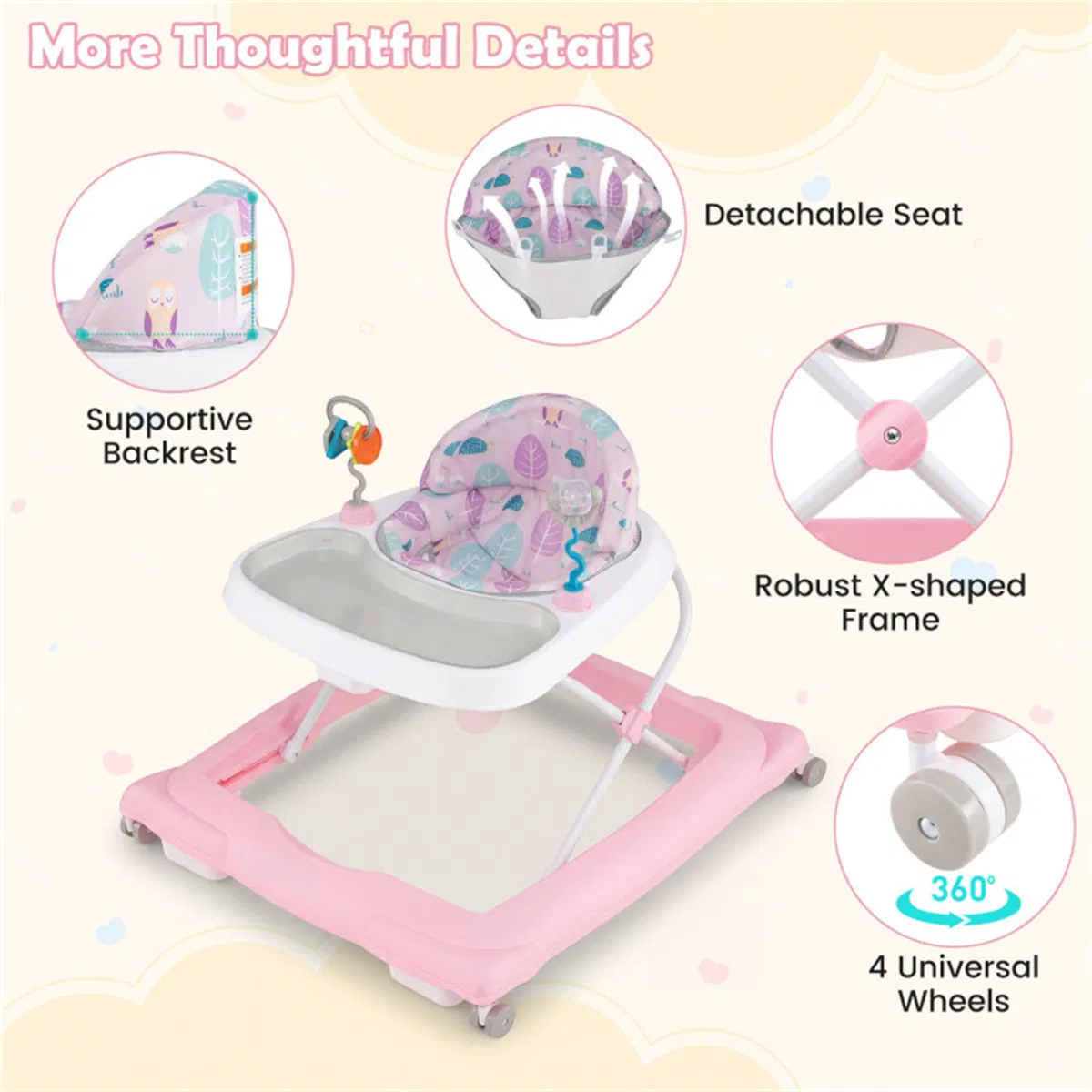 Pink Foldable Baby Walker with Detachable Tray & Shape Sorter Toys, 3-Level Height Adjustable for 6-12 Months photo 4