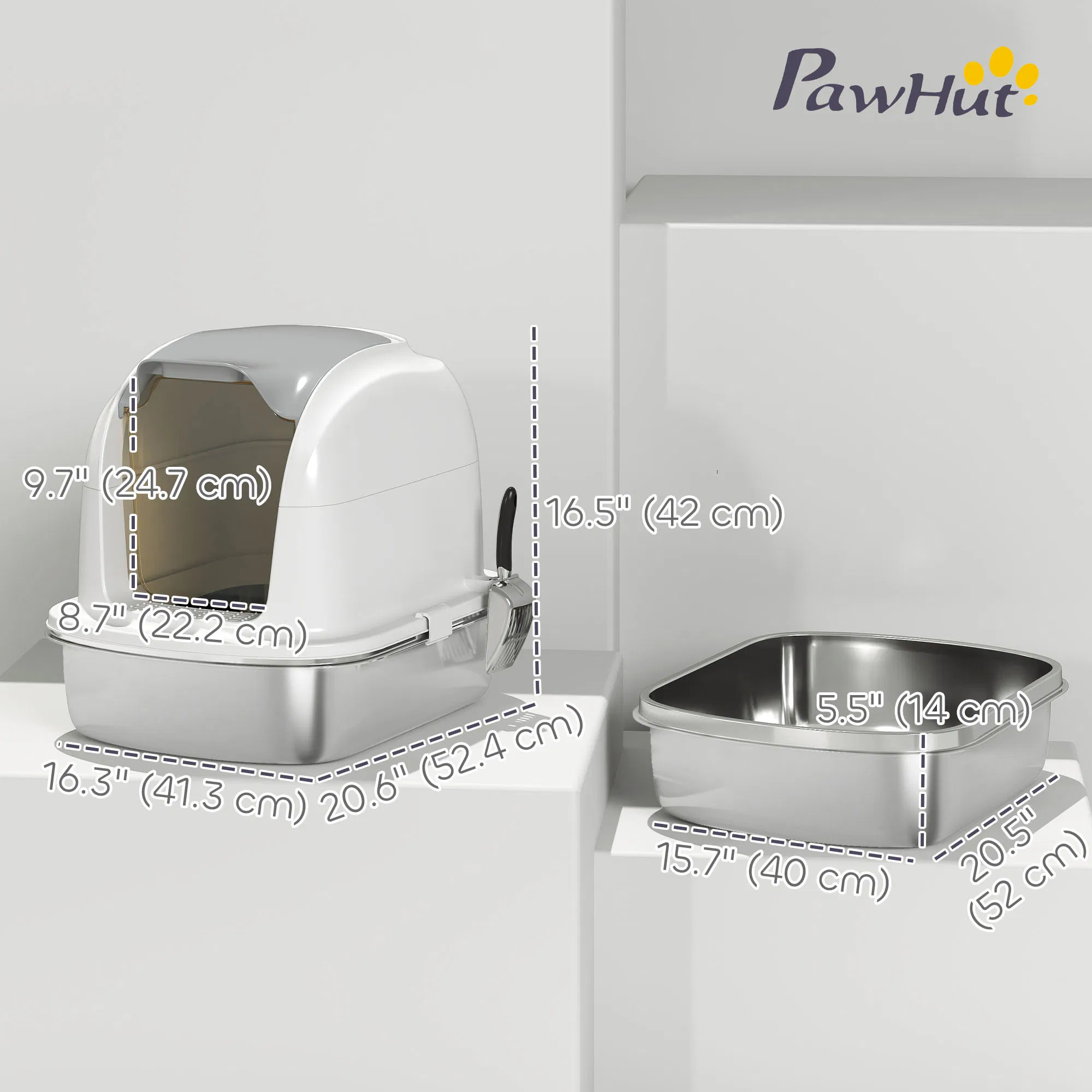 XL Stainless Steel Cat Litter Box with Lid for Big Cats, Enclosed Cat Litter Box with Flip Cover, Scoop photo 2