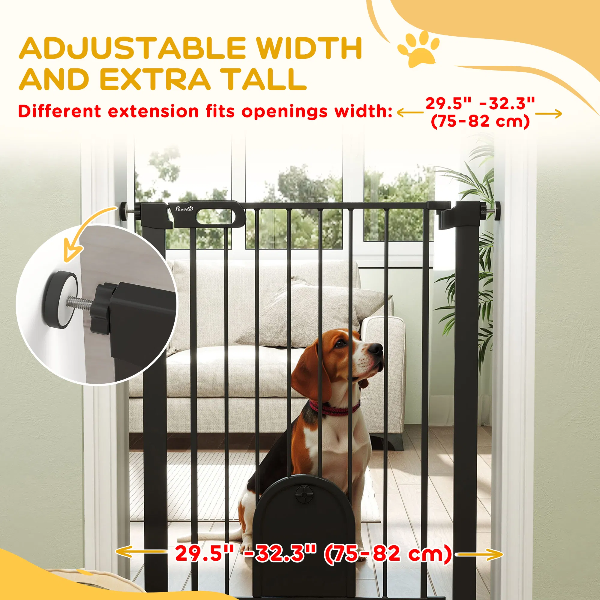30"-32" Extra Wide Pet Gate Barrier with Small Door, 35"H Dog Gate with Safety Gate Barrier, Stair Pressure Fit, Black photo 6