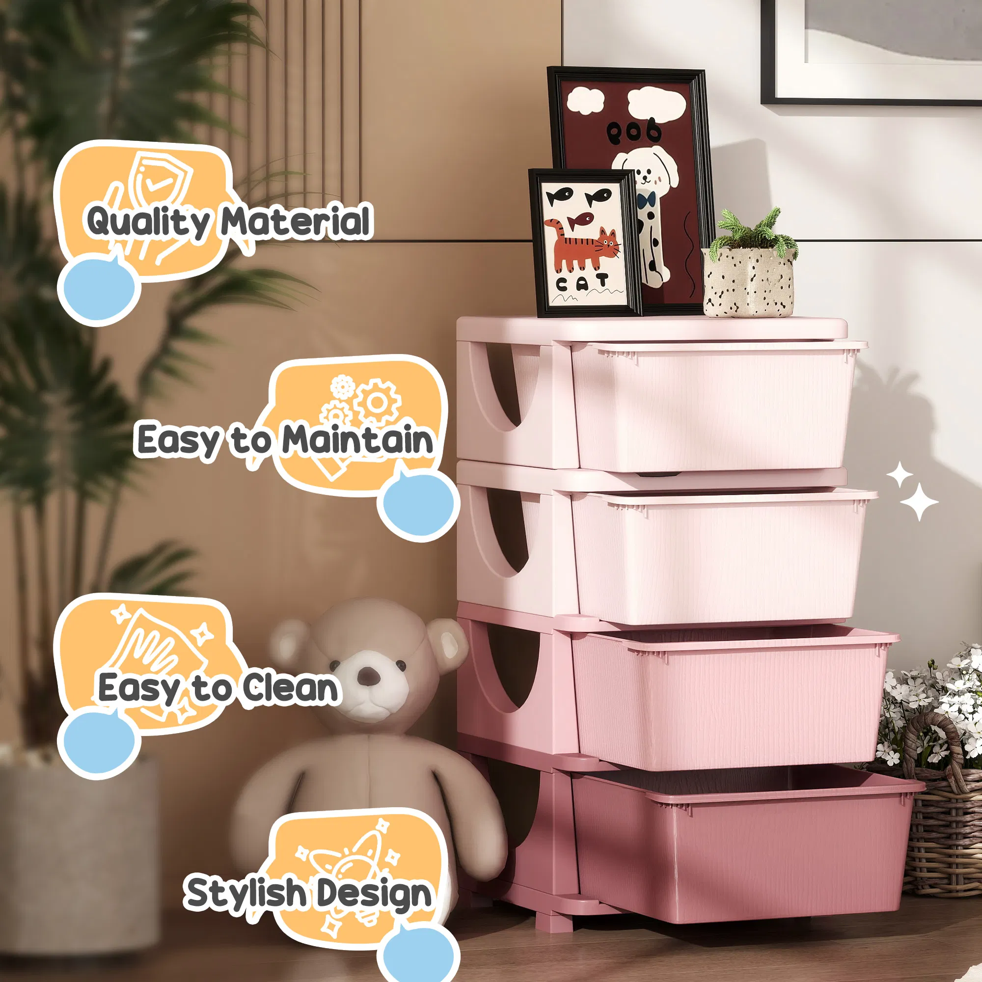 4 Tier Kids Toy Organizer and Storage Bins with 4 Plastic Drawers, Pink photo 3