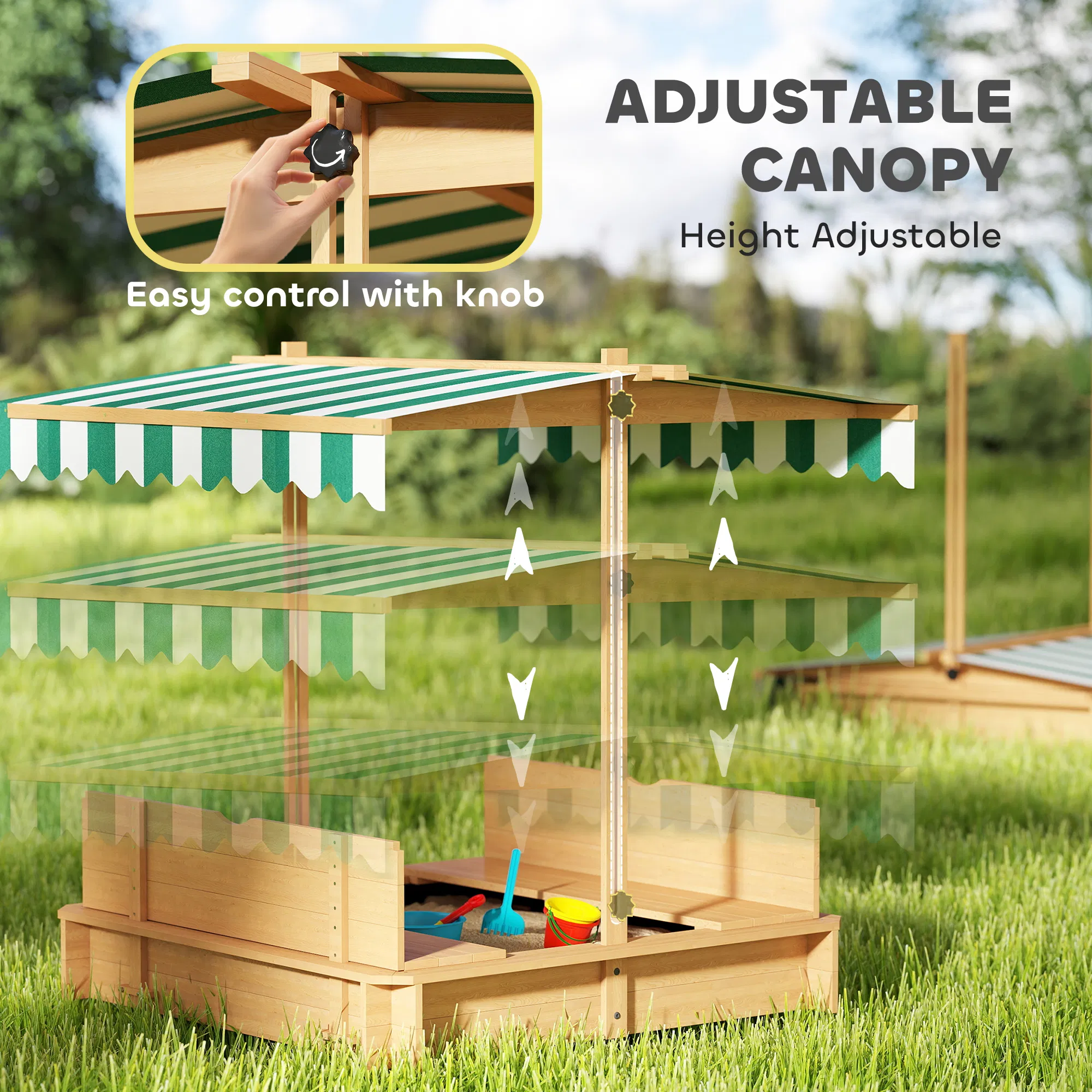 Wooden Kids Sandbox with Cover, Sand Play Station with Foldable Bench Seats and Adjustable Canopy, Light Brown photo 2
