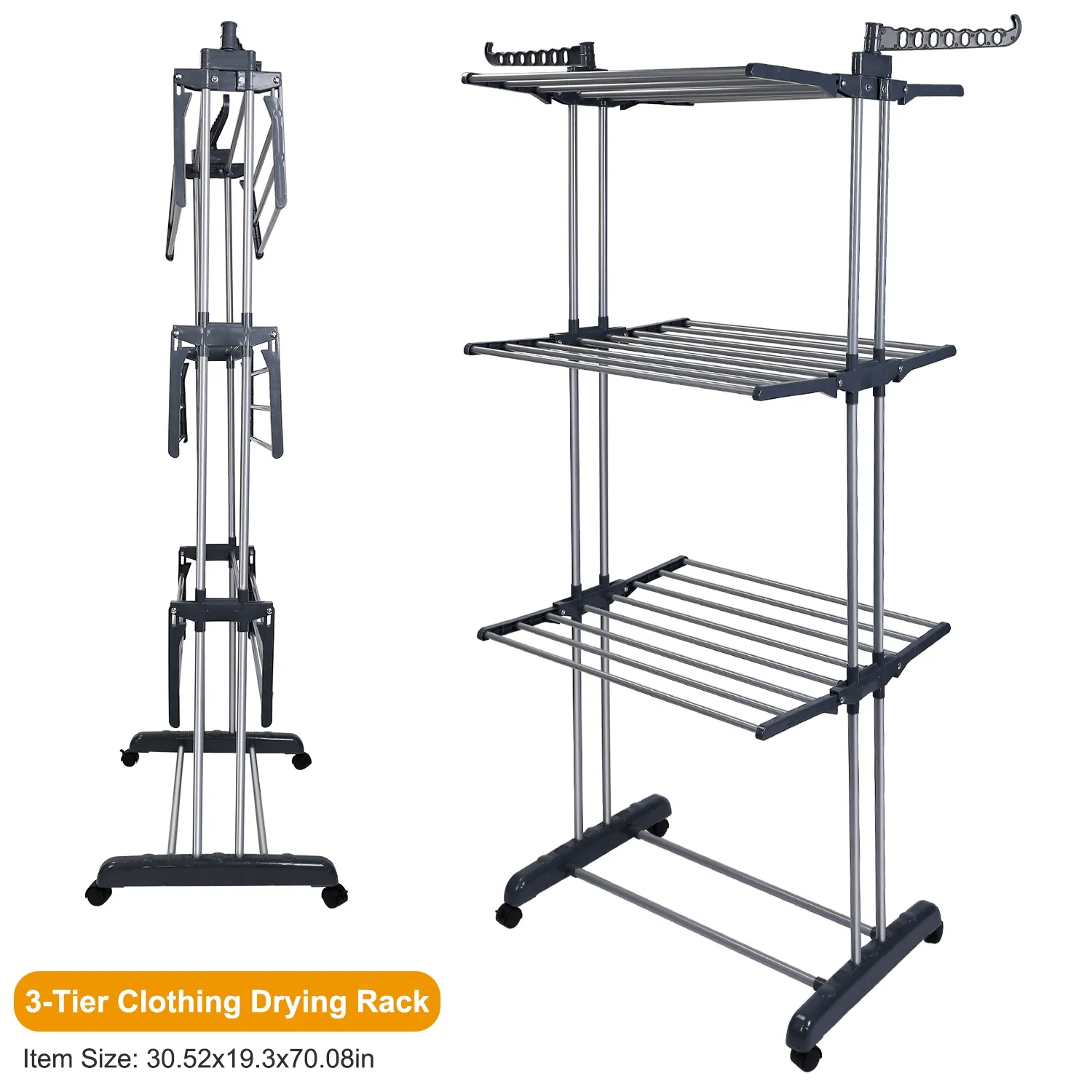 Clothes Drying Rack Rolling Collapsible Laundry Dryer Hanger Stand Rail Shelve Wardrobe Clothing Drying Racks w/ Dual Side Wings photo 7