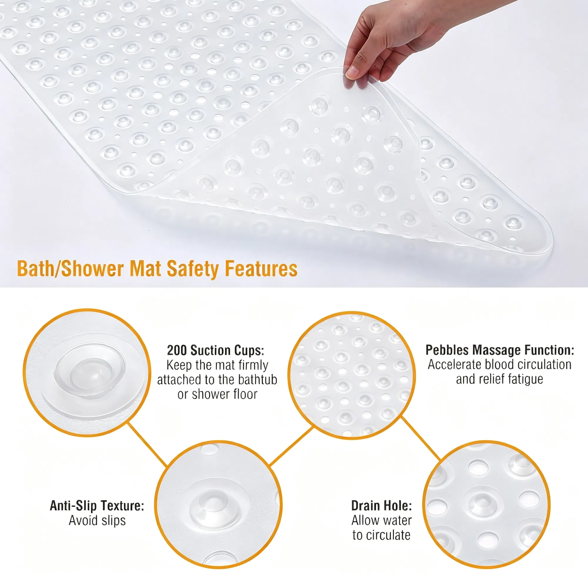 Bathroom Tub Shower Mat,  PVC Non-Slip Bathmat with Suction Cups and Drain Holes, Raised Pebble Surface, Machine-Washable for Home Wet-Place Use photo 4