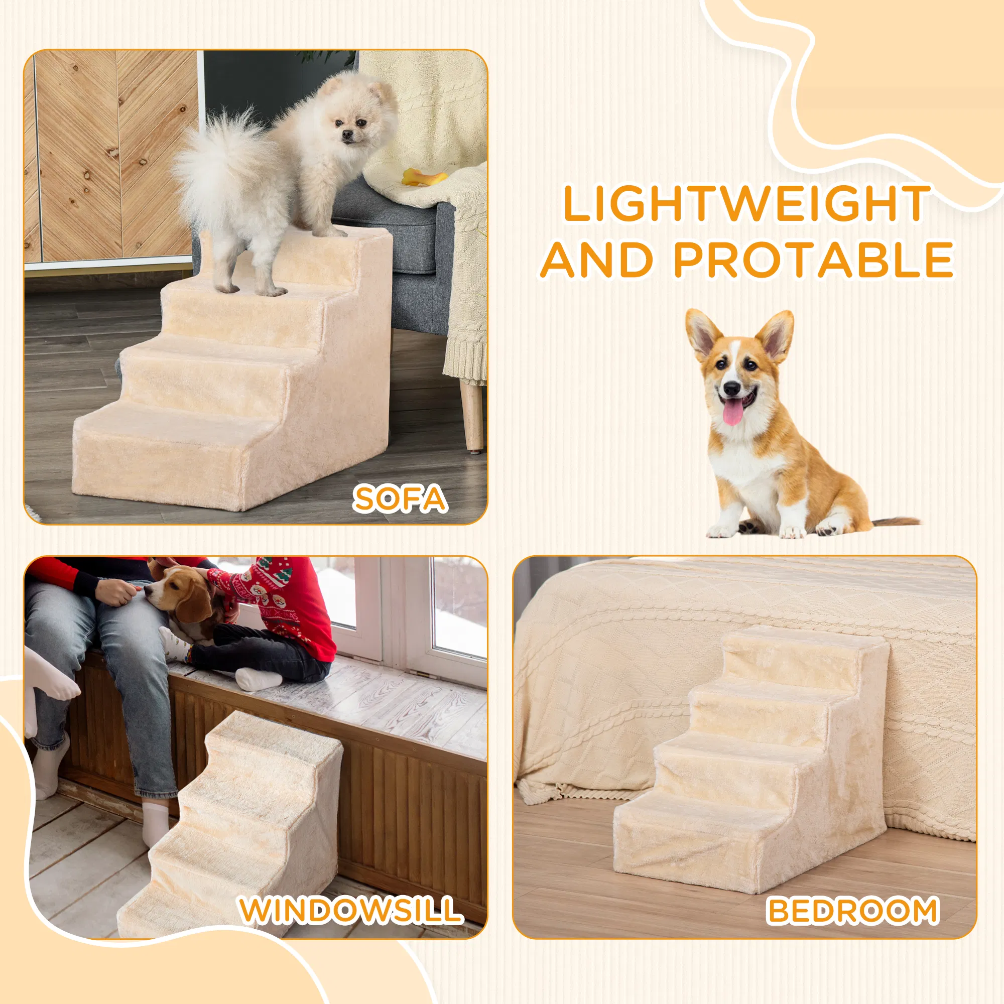 4-Step Dog Ramp for Sofa, Bed, and Couch, with Removable Cover, Beige photo 3