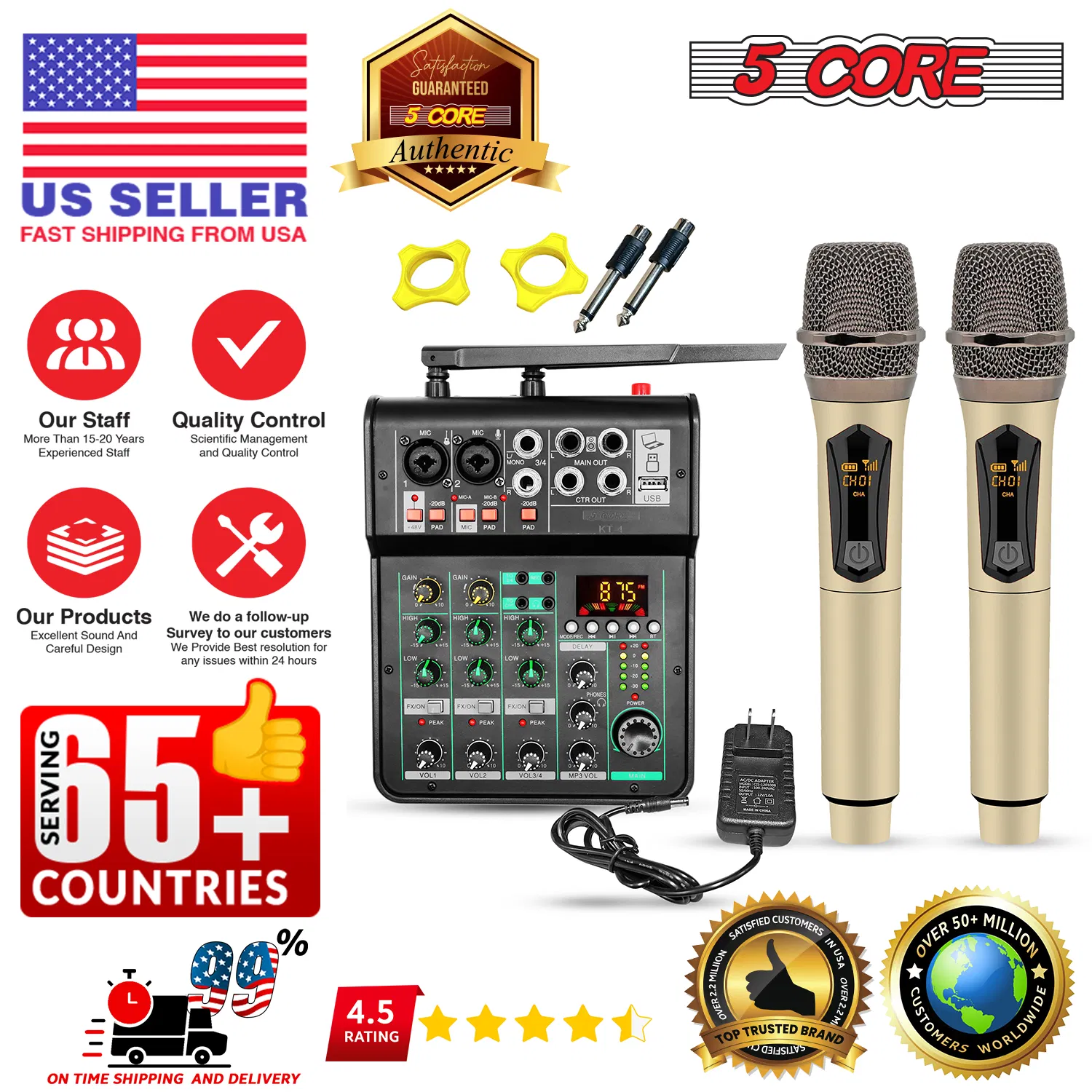 5 Core Audio Mixer Sound Board 4 Channel XLR Stereo Receiver w Bluetooth USB Microphone PA Karaoke Music Podcast Mixing Soundboard Mini Mezcladora Para DJ - MX 4CH 2MIC GLD photo 8