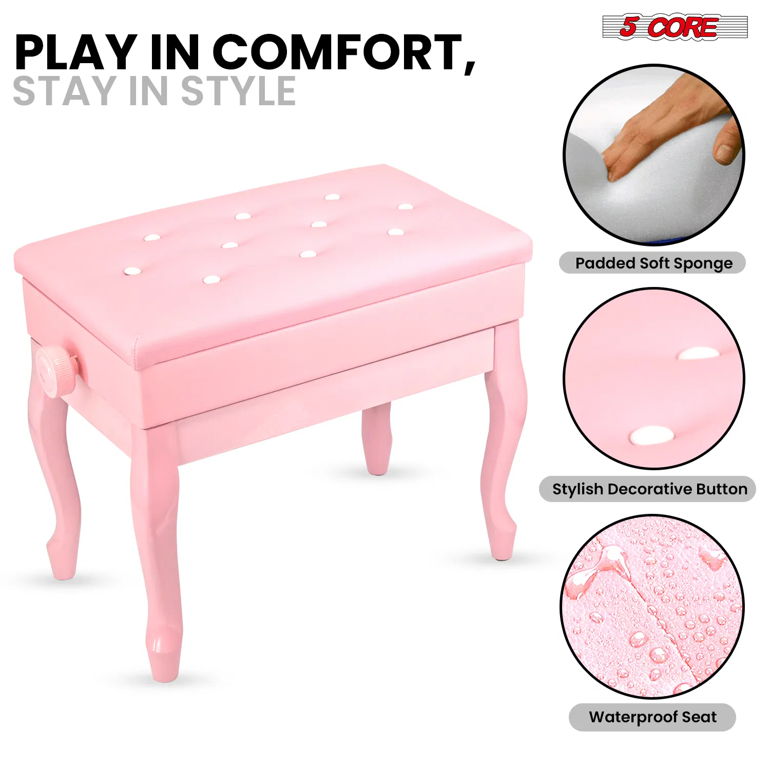 5 Core Piano Bench Wooden Height Adjustable Stool Heavy Duty Keyboard Seat with Storage photo 7