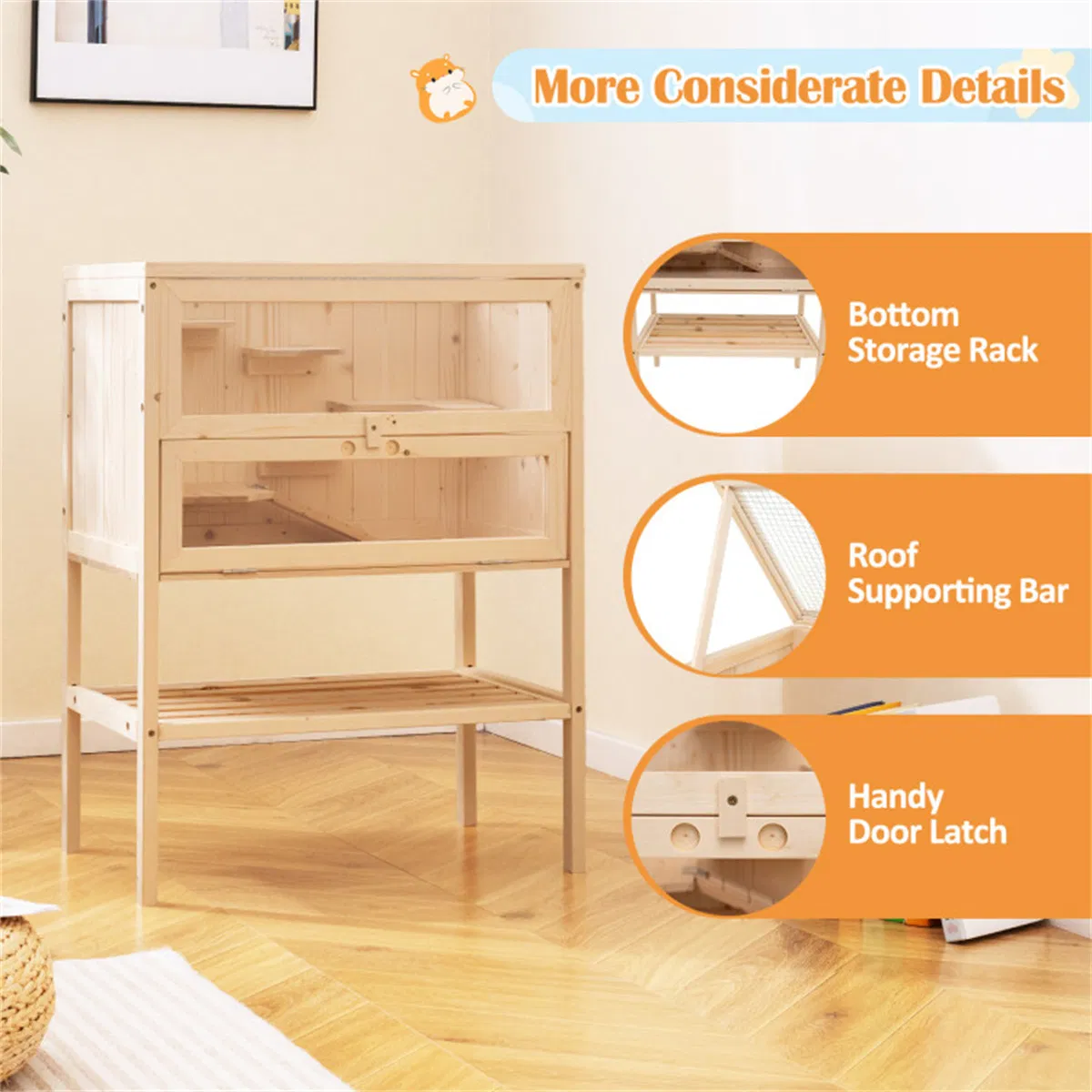 31.5 " Fir Wood Hamster Cage with Flip Mesh Roof, Multi-Level Activity Areas & Bottom Storage Shelf photo 2