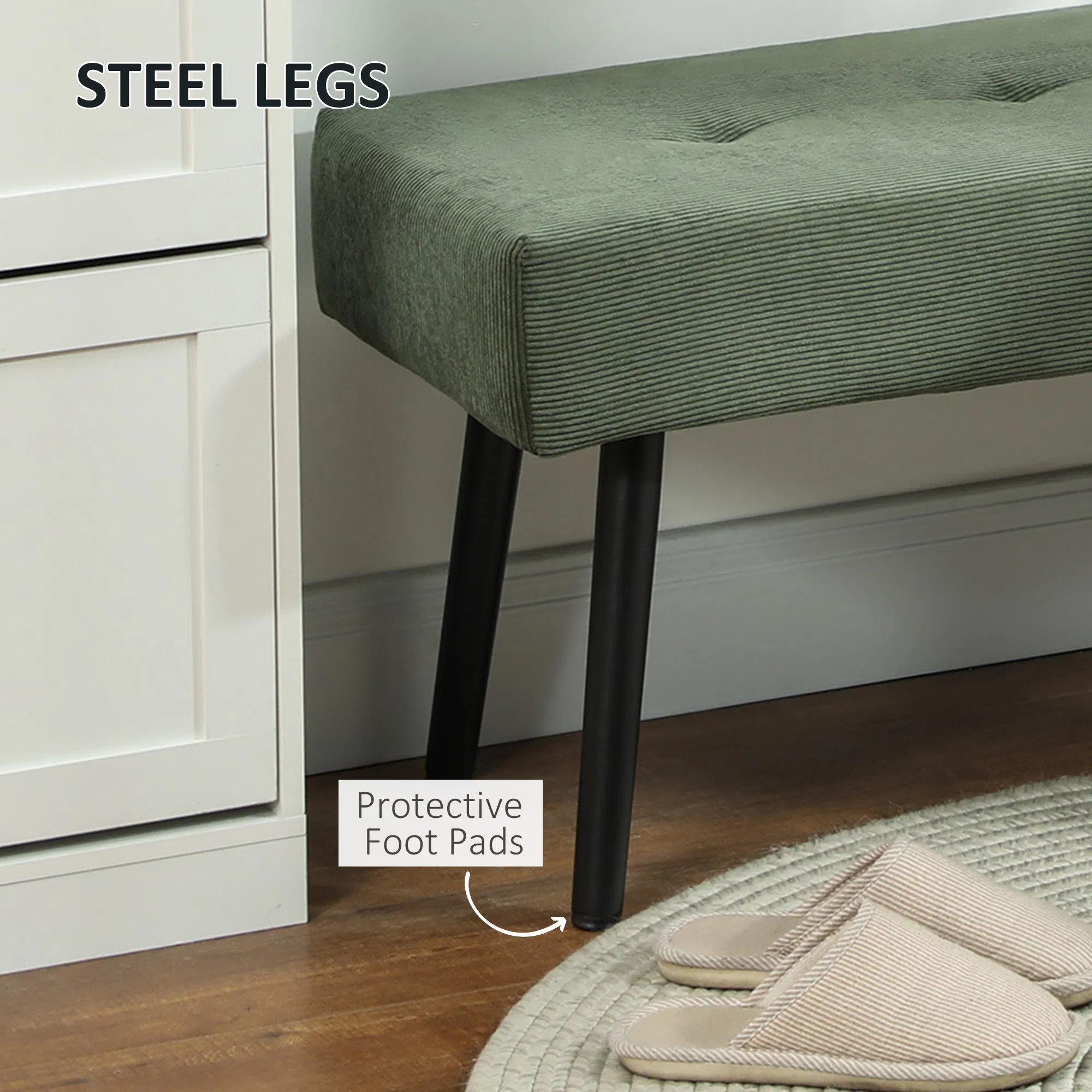 39" Upholstered Ottoman Bench, Corduroy Entryway Bedroom Bench with Padded Seat and Steel Legs for Bedroom, Green photo 2