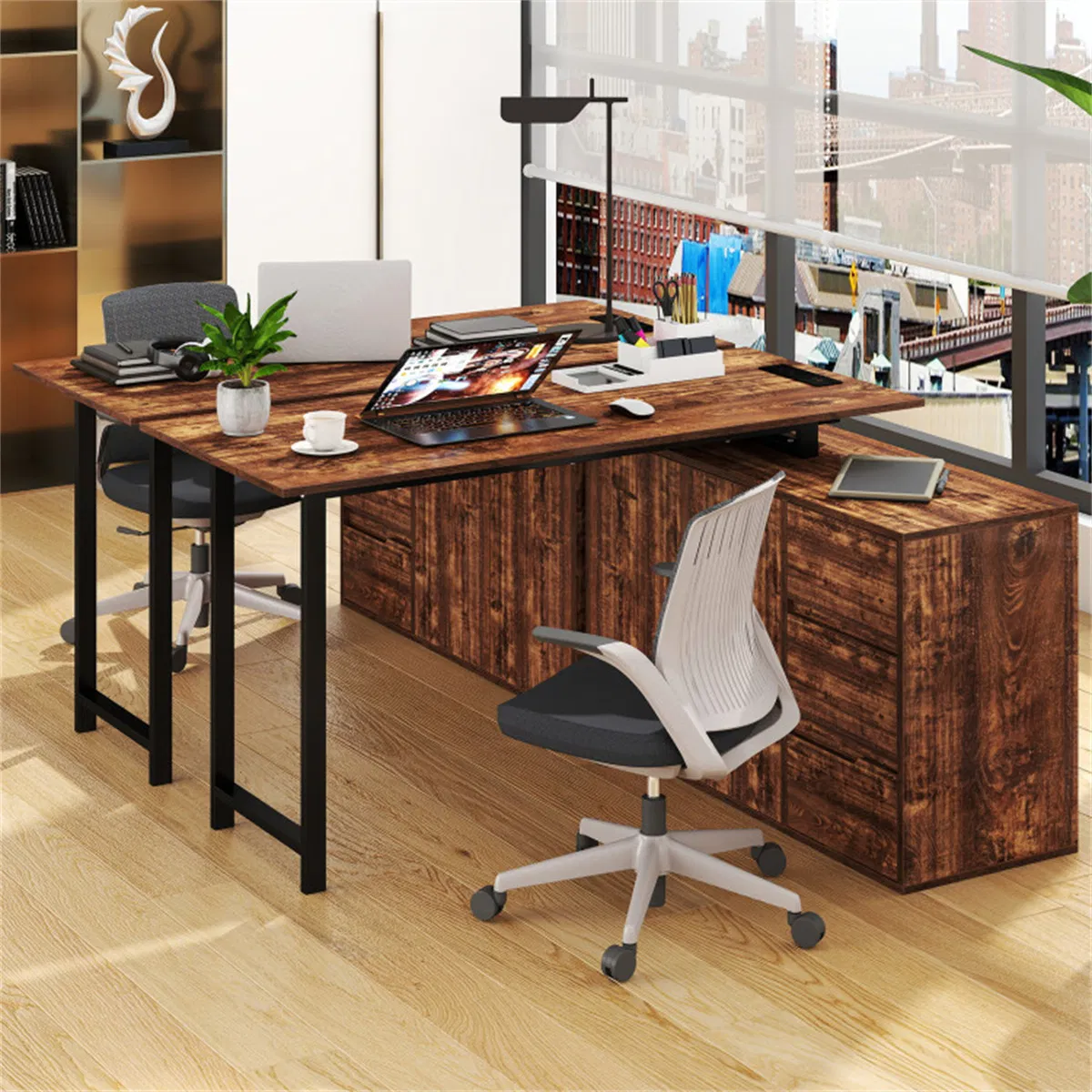 Reversible L-Shaped Desk with Built-in Charging Station, Home Office Desk with Drawers & File Cabinet - Rustic Brown photo 4
