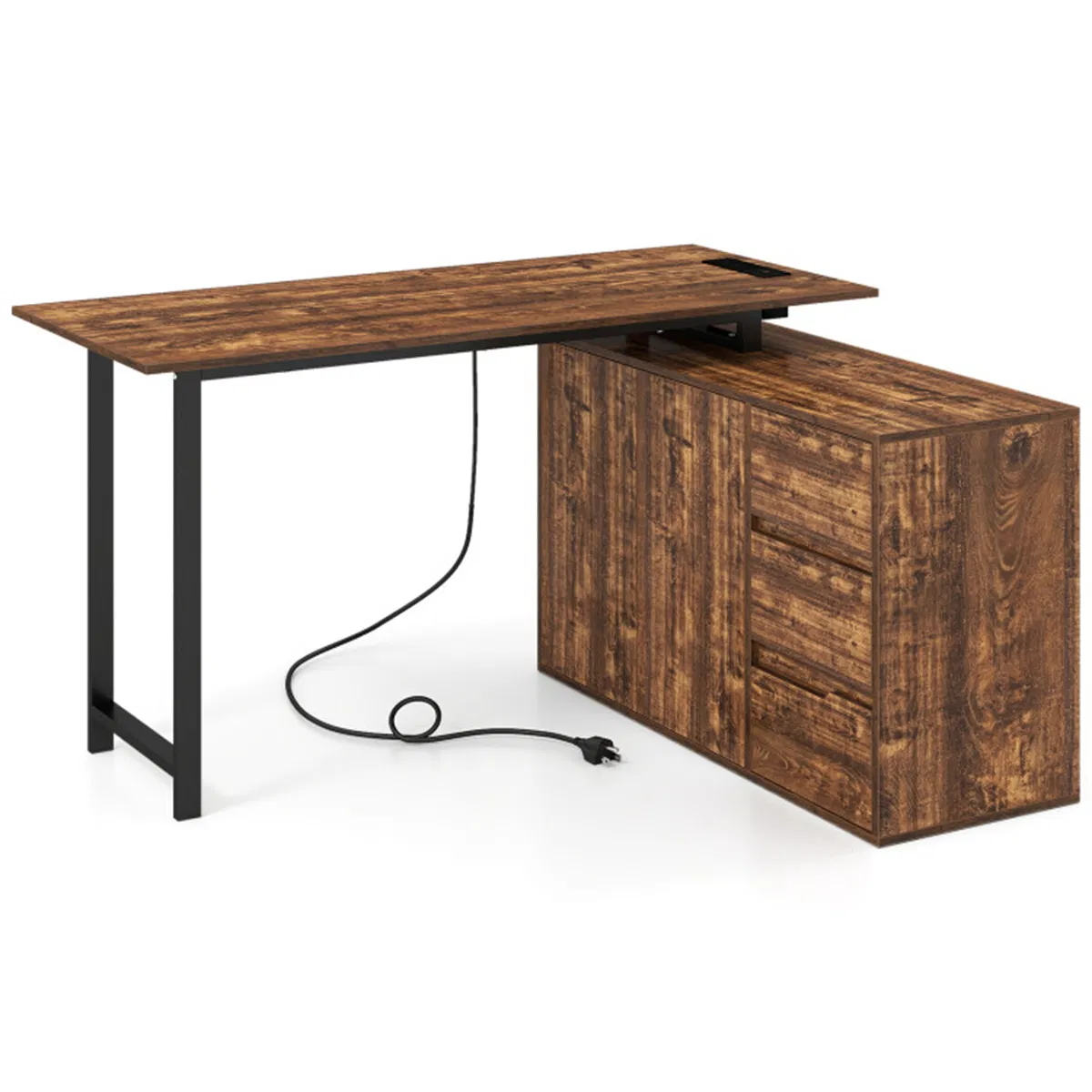 Reversible L-Shaped Desk with Built-in Charging Station, Home Office Desk with Drawers & File Cabinet - Rustic Brown photo 7