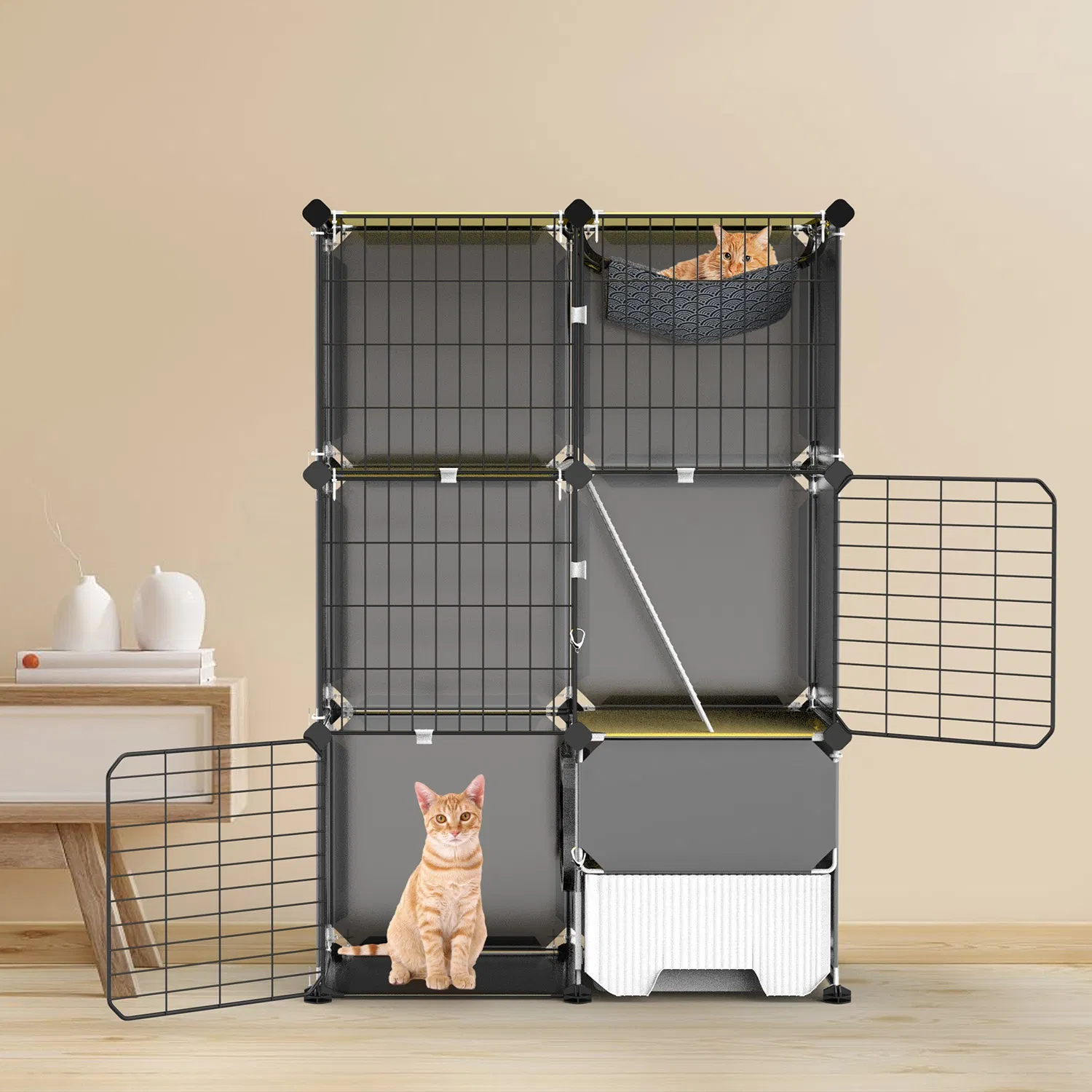 Multi-Level Cat Playpen Cage, 3-Tier Indoor Cat House with Built-in Litter Tray, Litter Scoop, Reversible Hammock for Kittens, Ferrets, Rabbits photo 7