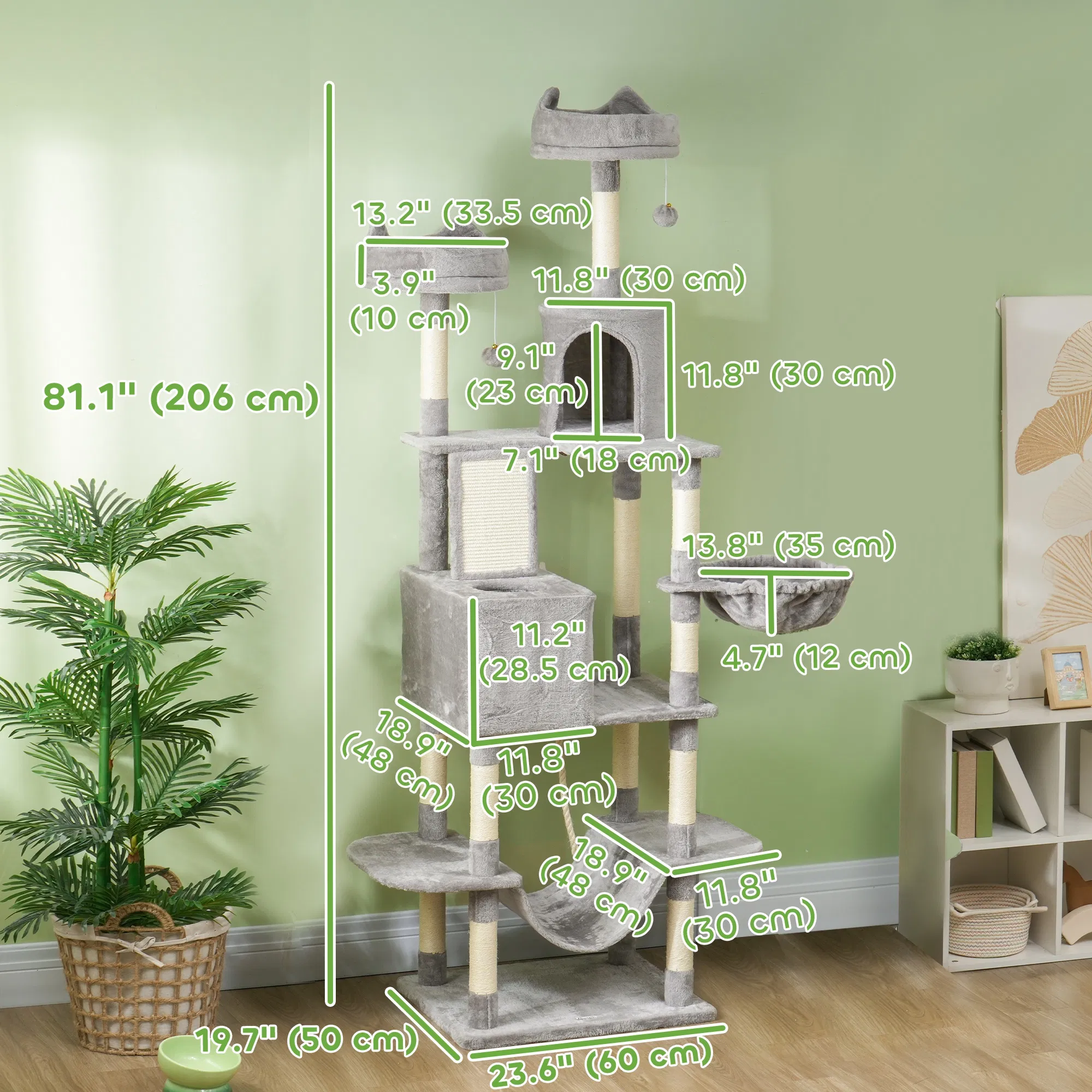 81" Large Cat Tree w/ Scratching Posts, Condos, Beds, Hammocks, Jumping Platforms, Toy Balls, Rope Cat Toy, Light Grey photo 2