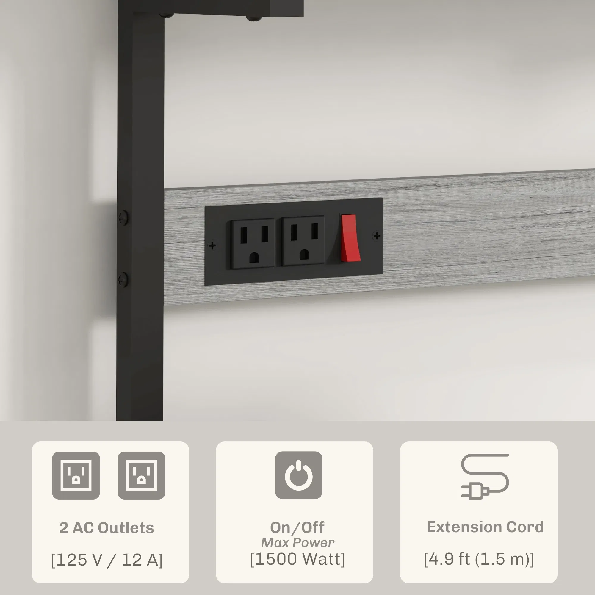 Kitchen Baker's Rack with Power Outlet, Coffee Bar Station with Adjustable Shelves and Hooks, Distressed Grey photo 5