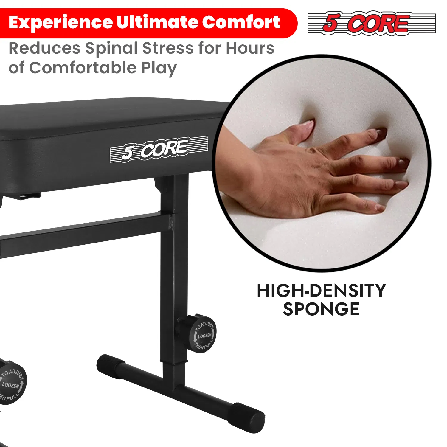 5 CORE Keyboard Bench Piano Stool T Style Black Thick Padded Cushion Seat | Height Adjustable 17 to 22 inch | Keyboard Chair (PU Leather) KBB H-ADJ BLK photo 5