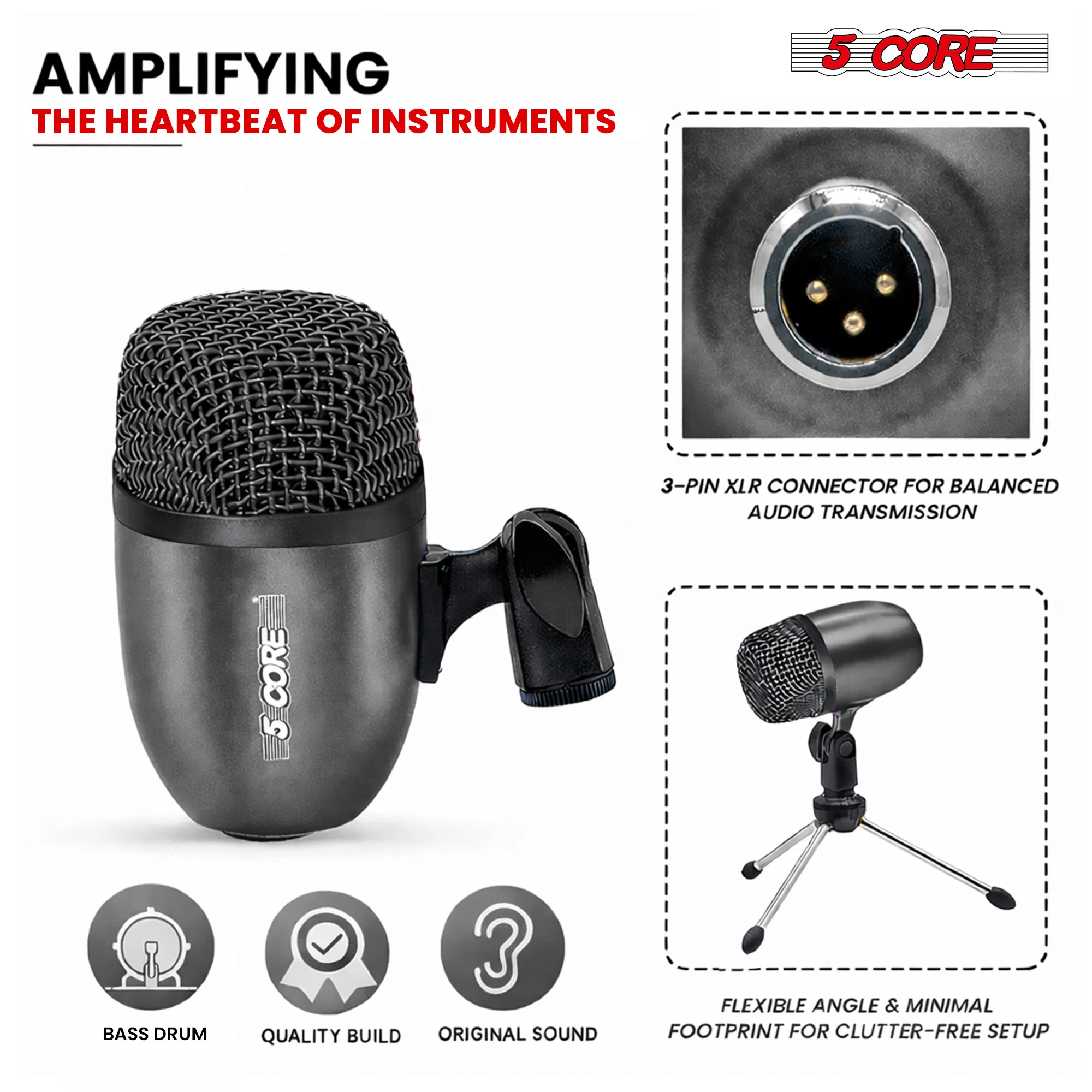 5 Core Drum Mic High Sensitivity Snare Tom Instrument Microphone with Dynamic Moving Coil Uni-Directional Pick Up Pattern Swivel Mount Durable Steel Mesh Grille photo 8