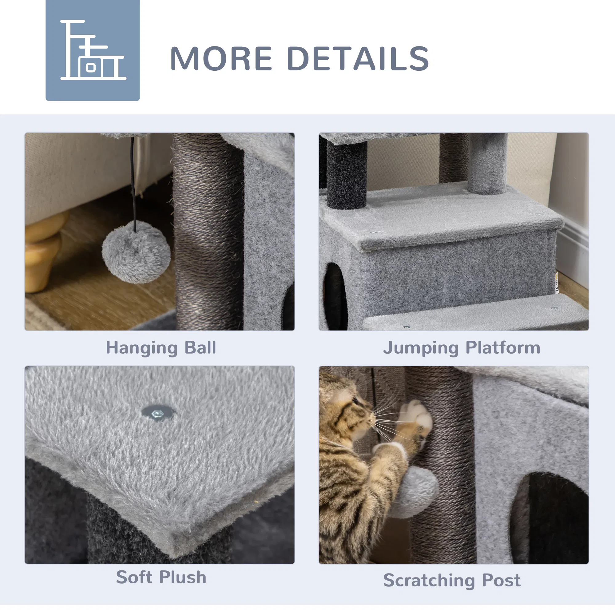Cat Stairs Pet Steps for Couch Bed with Scratching Posts Condo Ball Toy, 23.6" x 15.7" x 26", Grey photo 6